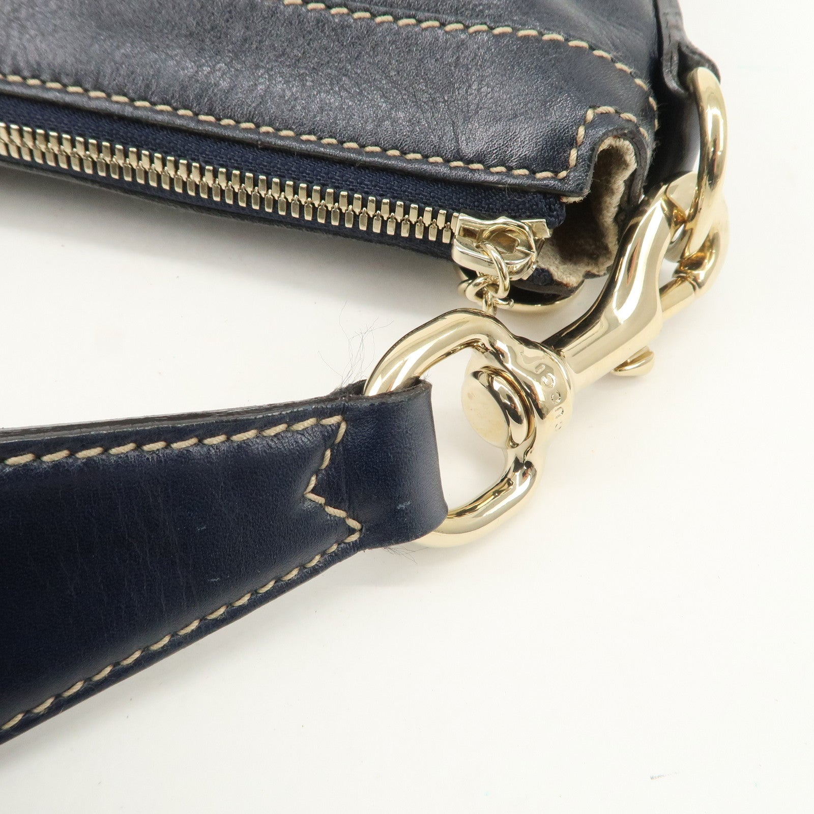 GUCCI Sherry Leather One Shoulder Bag Hand Bag Dark Navy Gold Hardware Used