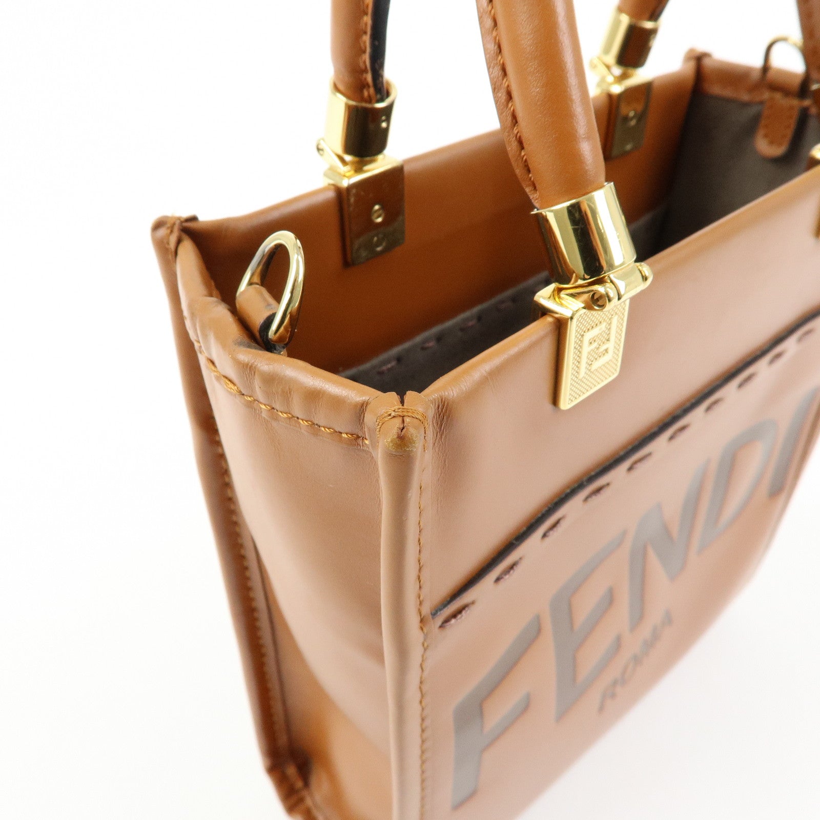 FENDI Leather Sunshine Shopper Small 2Way Hand Bag Brown 8BS092