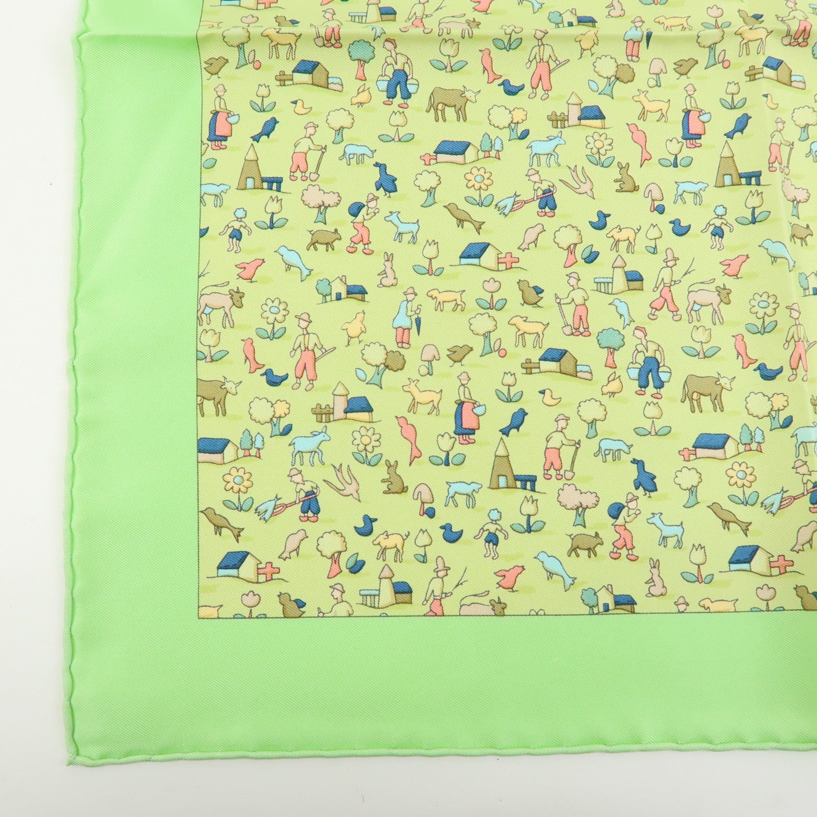 HERMES Petit Carre 40 Silk 100% Mini Scarf Farm Motif Green Yellow