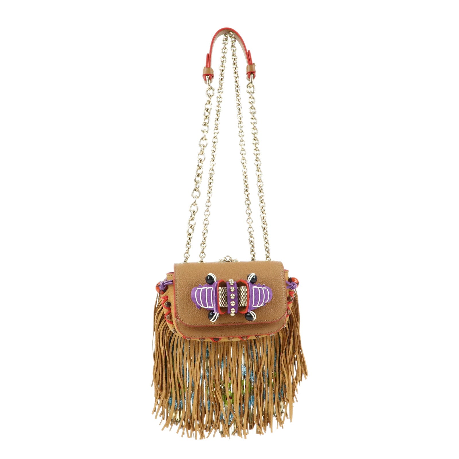 Christian Louboutin Leather Beaded Fringe Shoulder Bag Brown