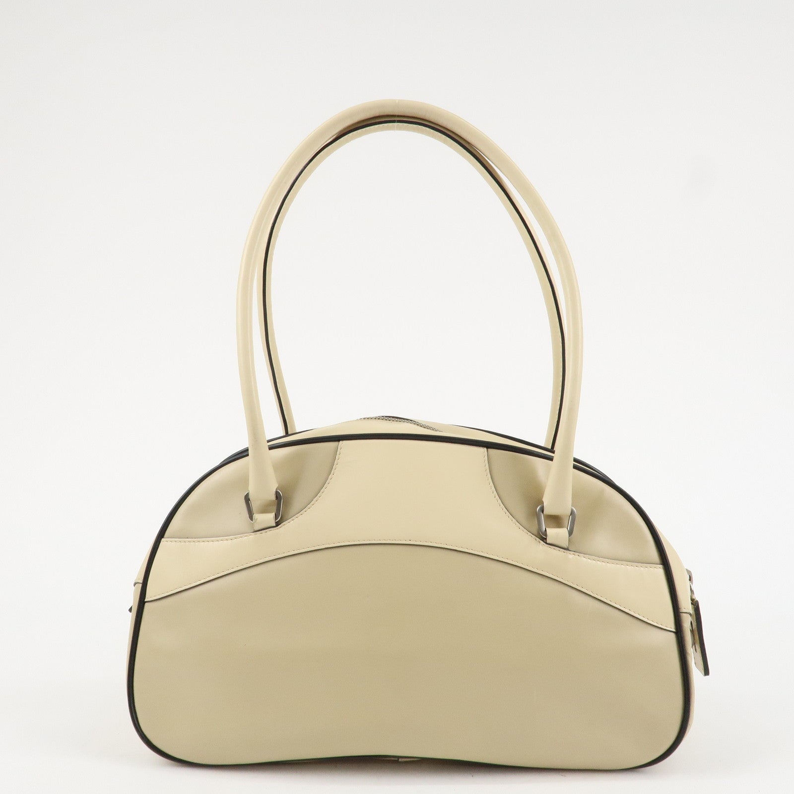 PRADA Leather Bowling Bag Boston Bag Ivory Silver Hardware BL0049 Used