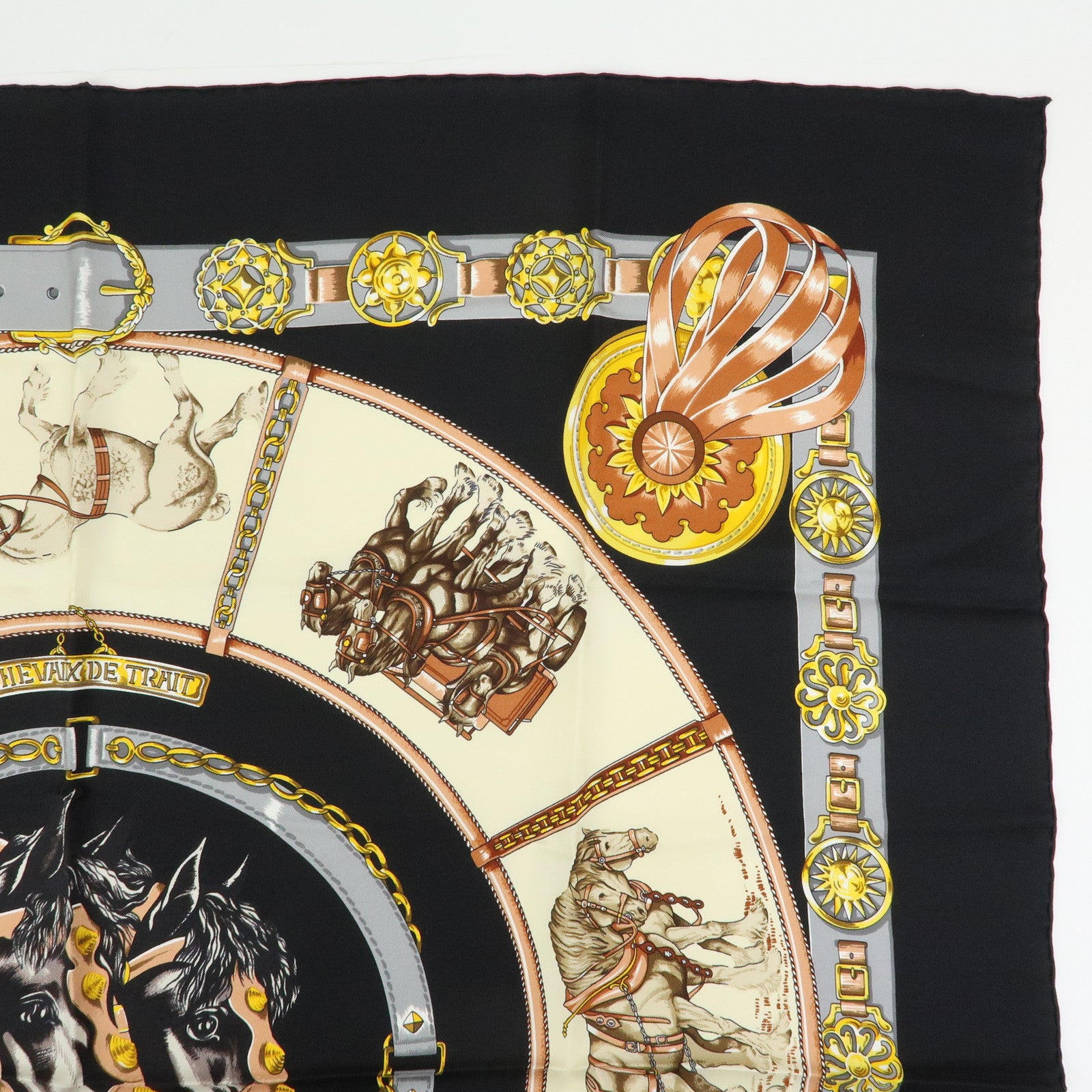 HERMES Carre 90 Silk 100% Scarf CHEVAUX DE TRAIT Black Gold Beige