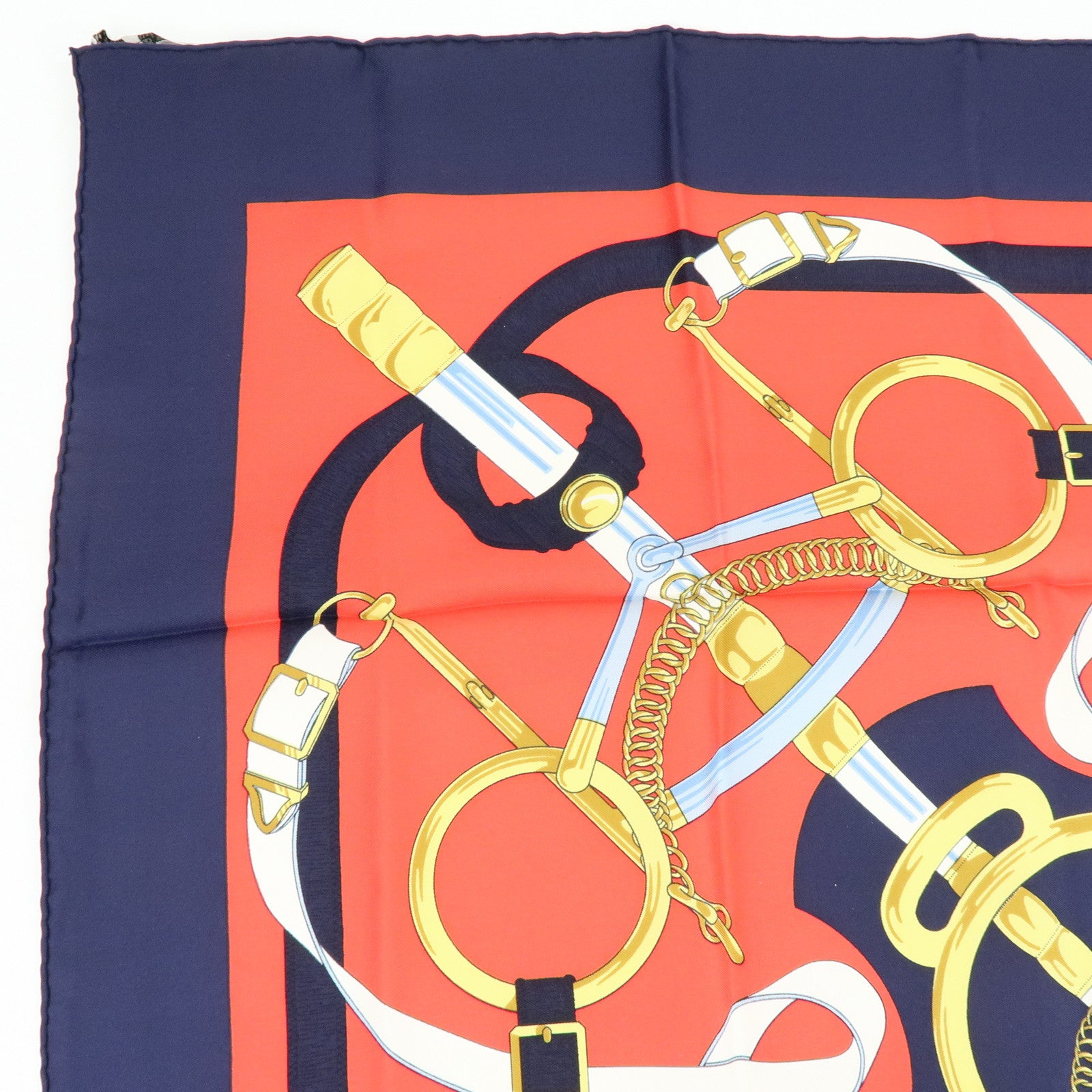 HERMES Carre 90 Silk 100% Scarf Eperon d'or Navy Red
