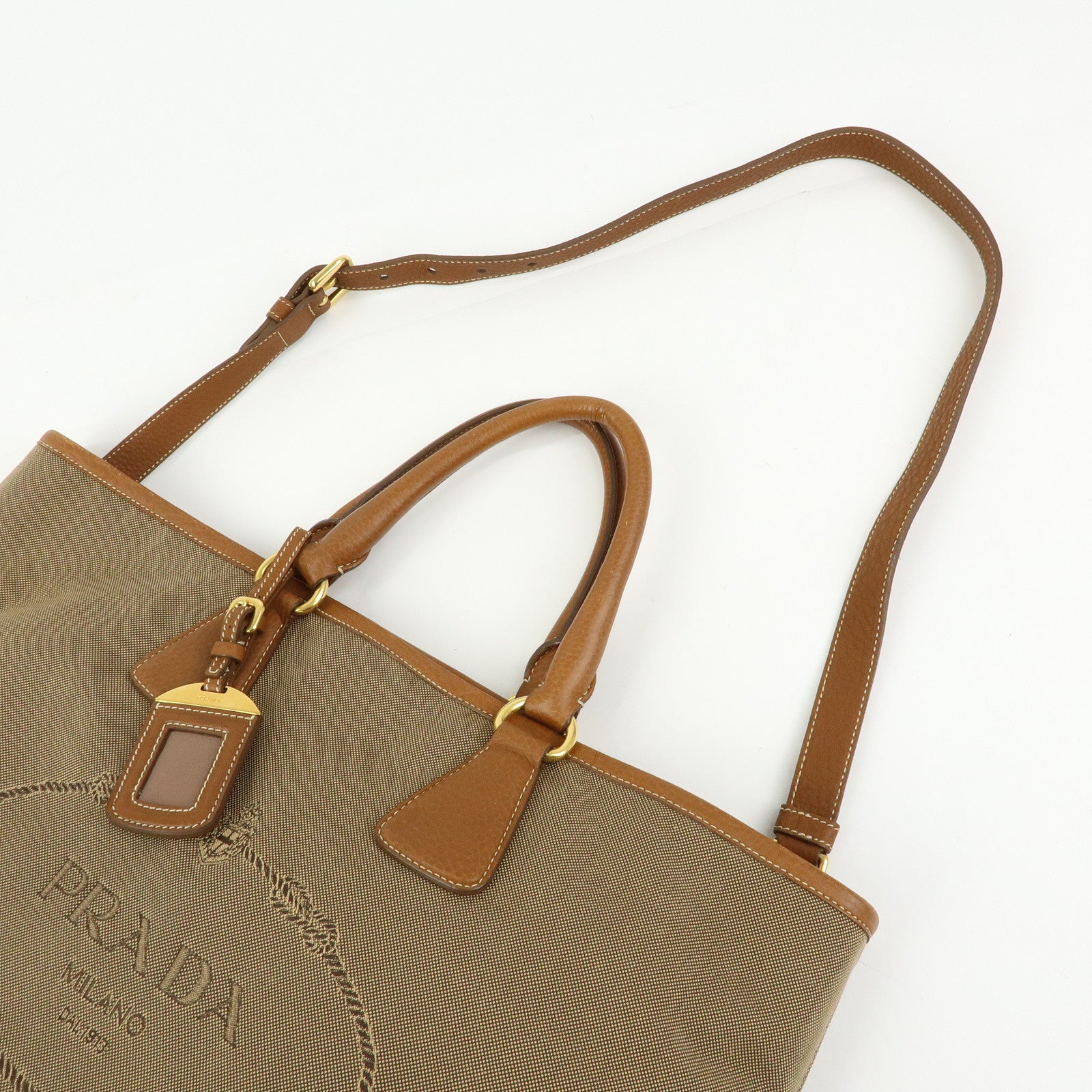 PRADA Triangle Logo Jacquard Leather 2Way Bag Hand Bag Brown