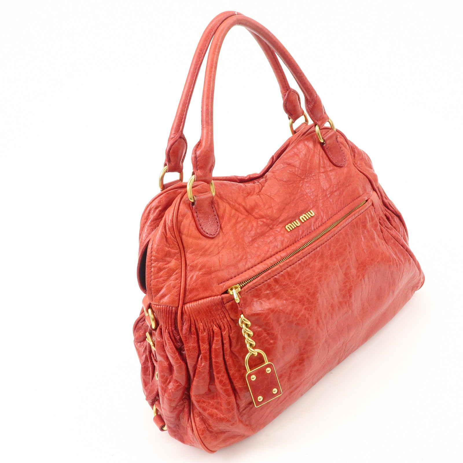 MIU MIU Leather 2WAY Bag Hand Bag Shoulder Bag Red Gold HDW Used