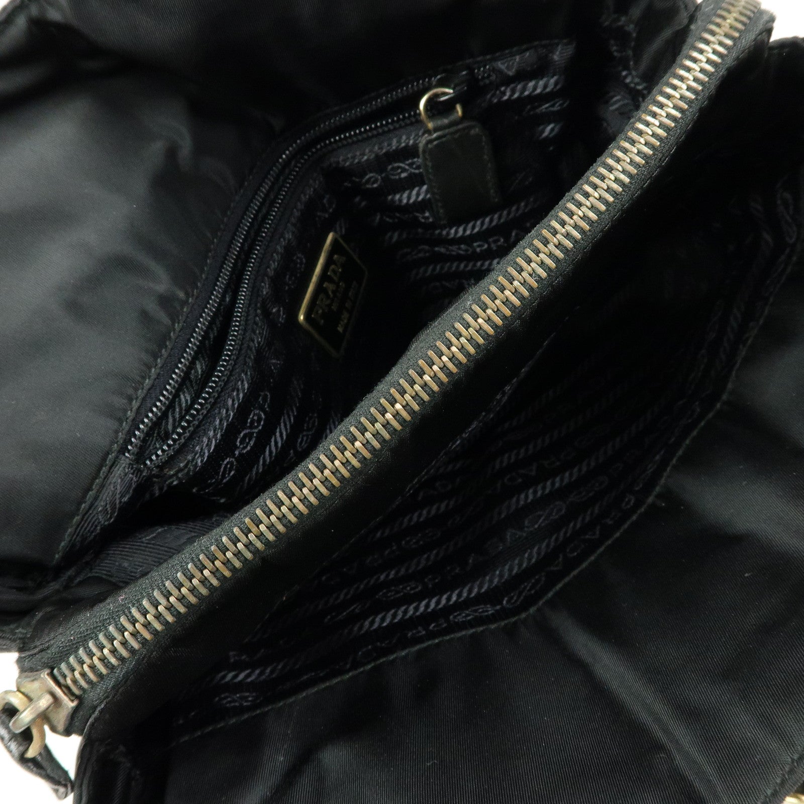 PRADA Triangle Logo Nylon Leather Chain Shoulder Bag Black B4394
