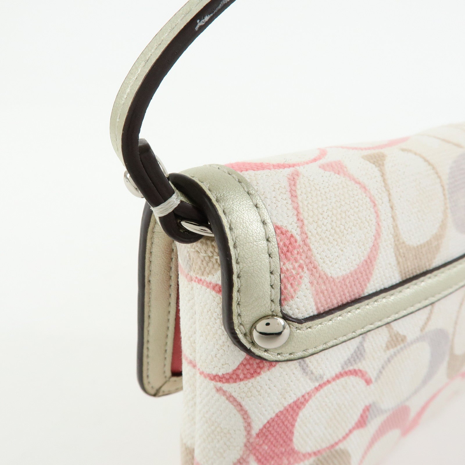 COACH Signature Canvas Sequins Leather Hand Bag Beige Light Gold