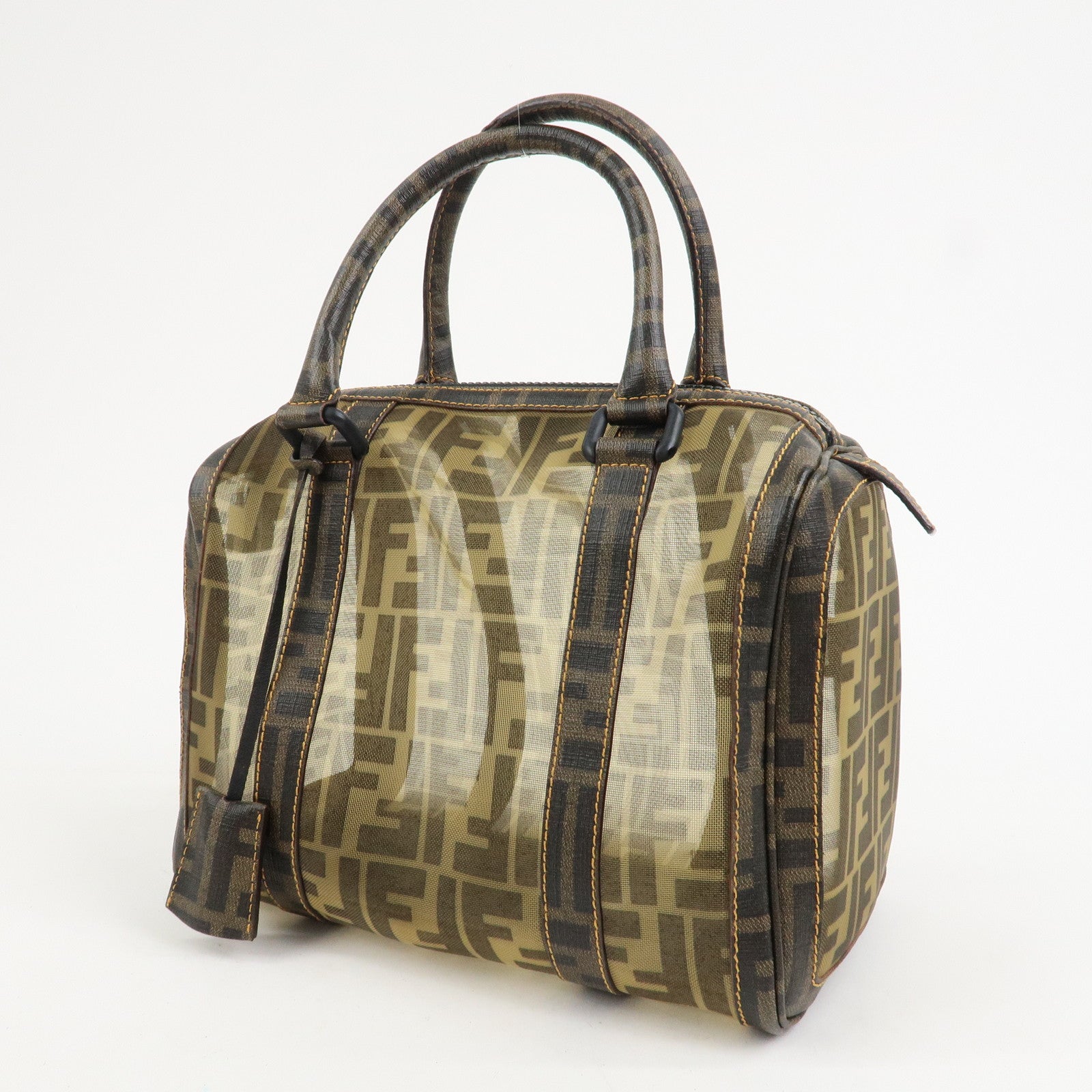 FENDI Zucca Mesh PVC Leather Boston Bag Hand Bag Brown 8BL092