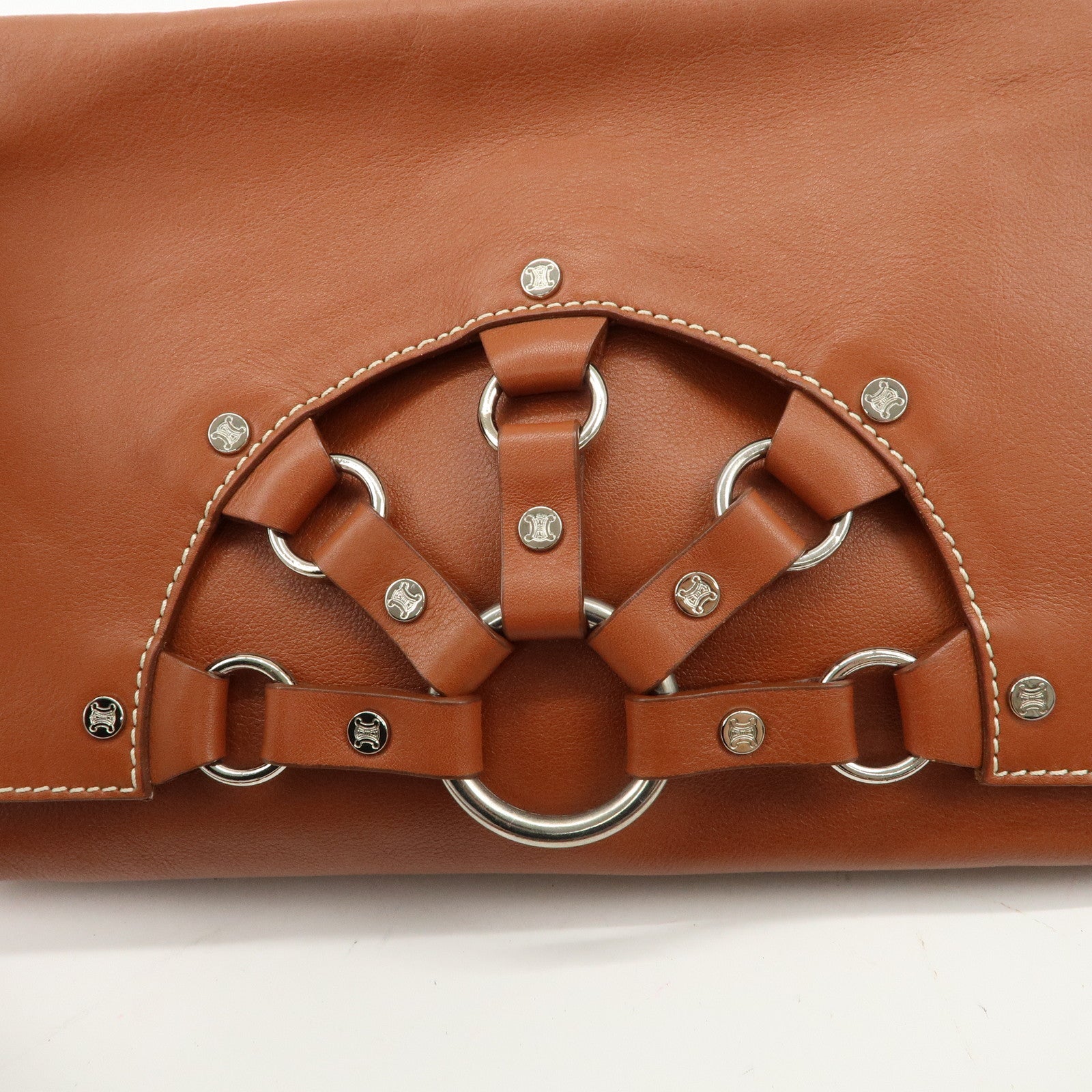 CELINE Leather Hand Bag Shoulder Bag Brown Silver HDW