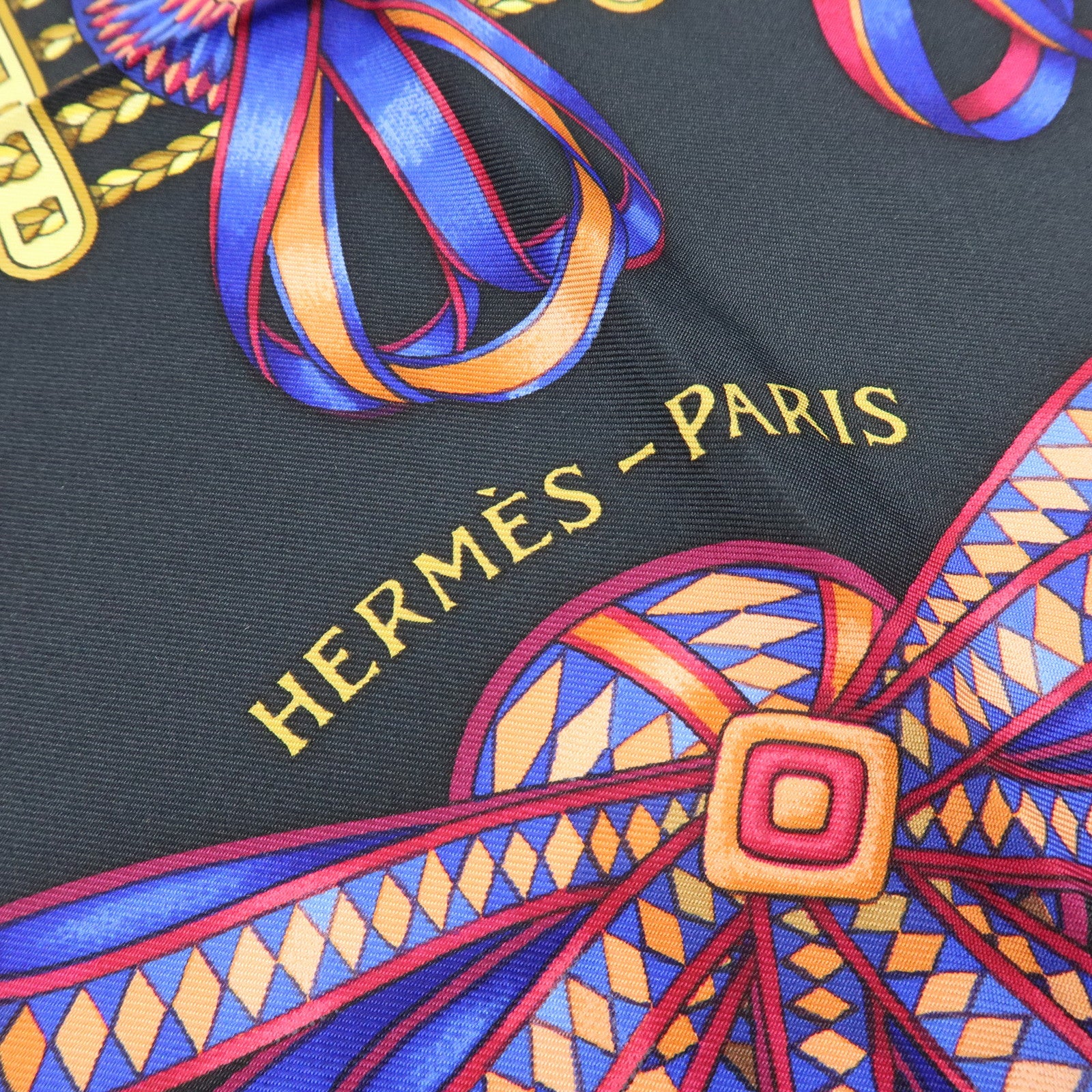 HERMES Carre 90 Silk 100% Scarf LES RUBANS DU CHEVAL Black