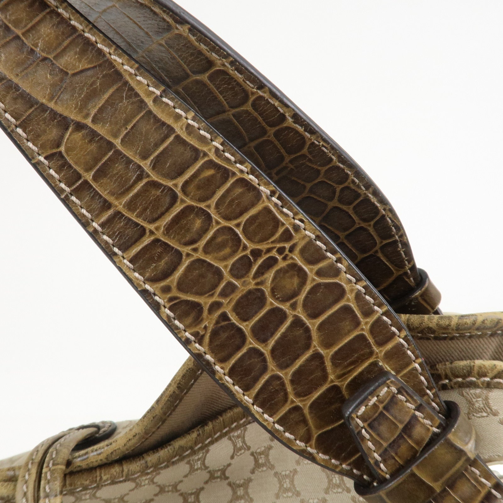CELINE Macadam Logo Canvas Emboss Leather Shoulder Bag Beige Brown