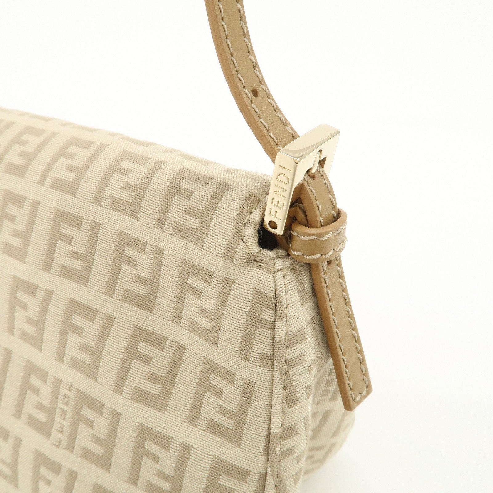 FENDI Mini Mamma Baguette Zucchino Canvas Leather Shoulder Bag Beige 8BR180