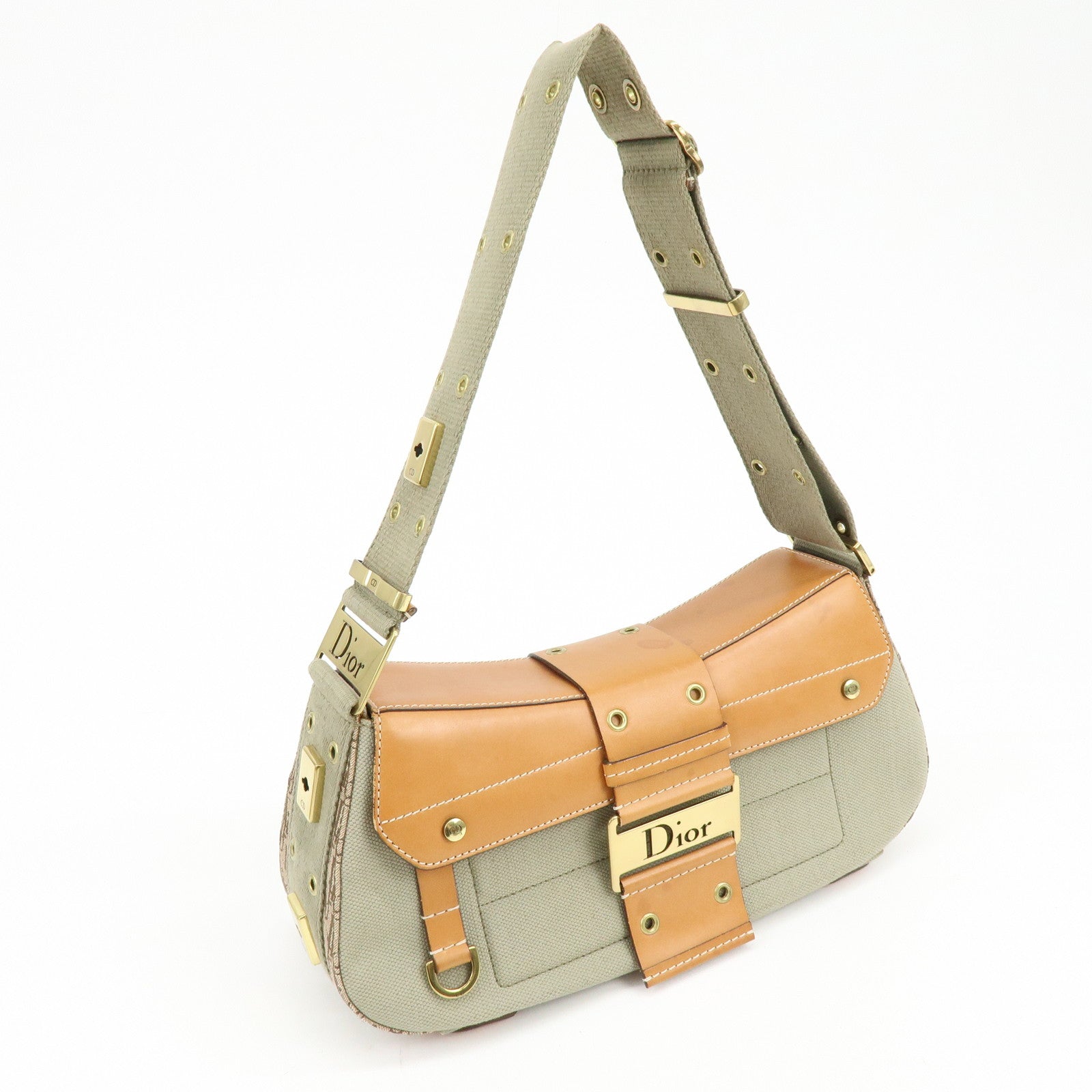 Christian Dior Street Chic Canvas Leather Shoulder Bag Khaki Camel
