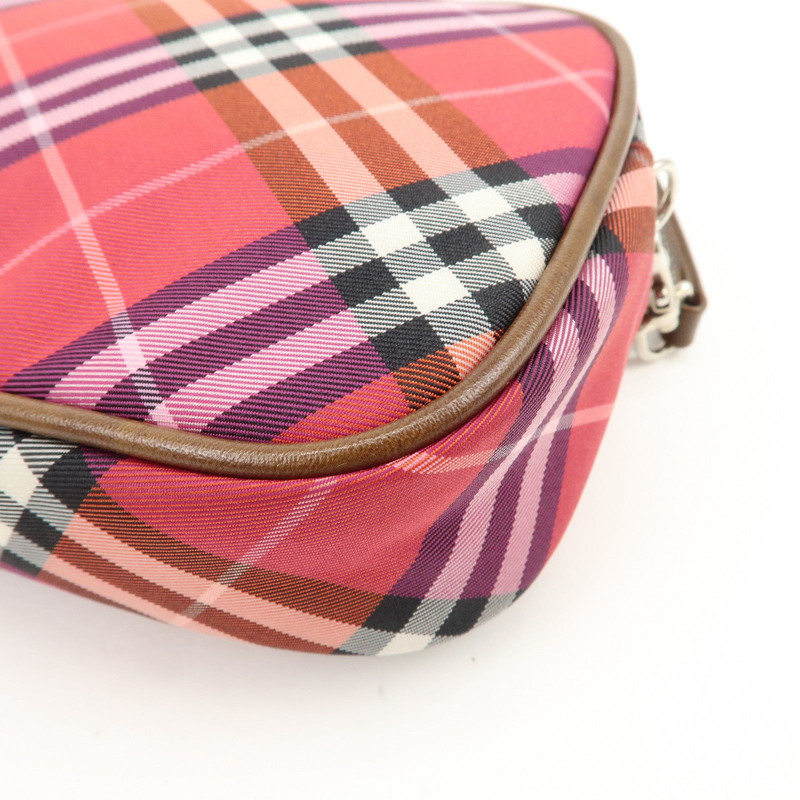 BURBERRY Cotton Leather Hand Bag Shoulder Bag Red Plaid Pattern