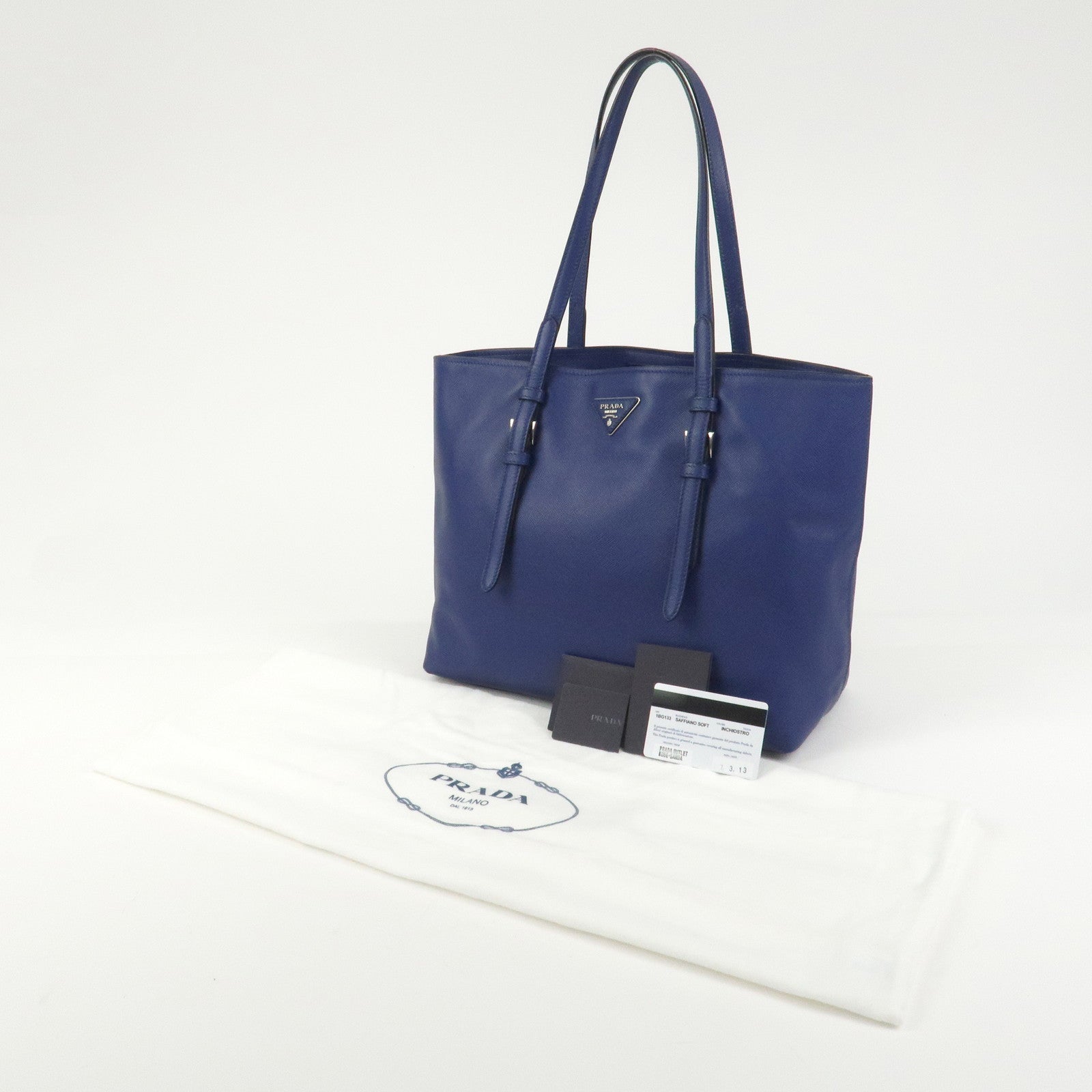 PRADA Triangle Logo Saffiano Leather Tote Shoulder Bag Blue 1BG133