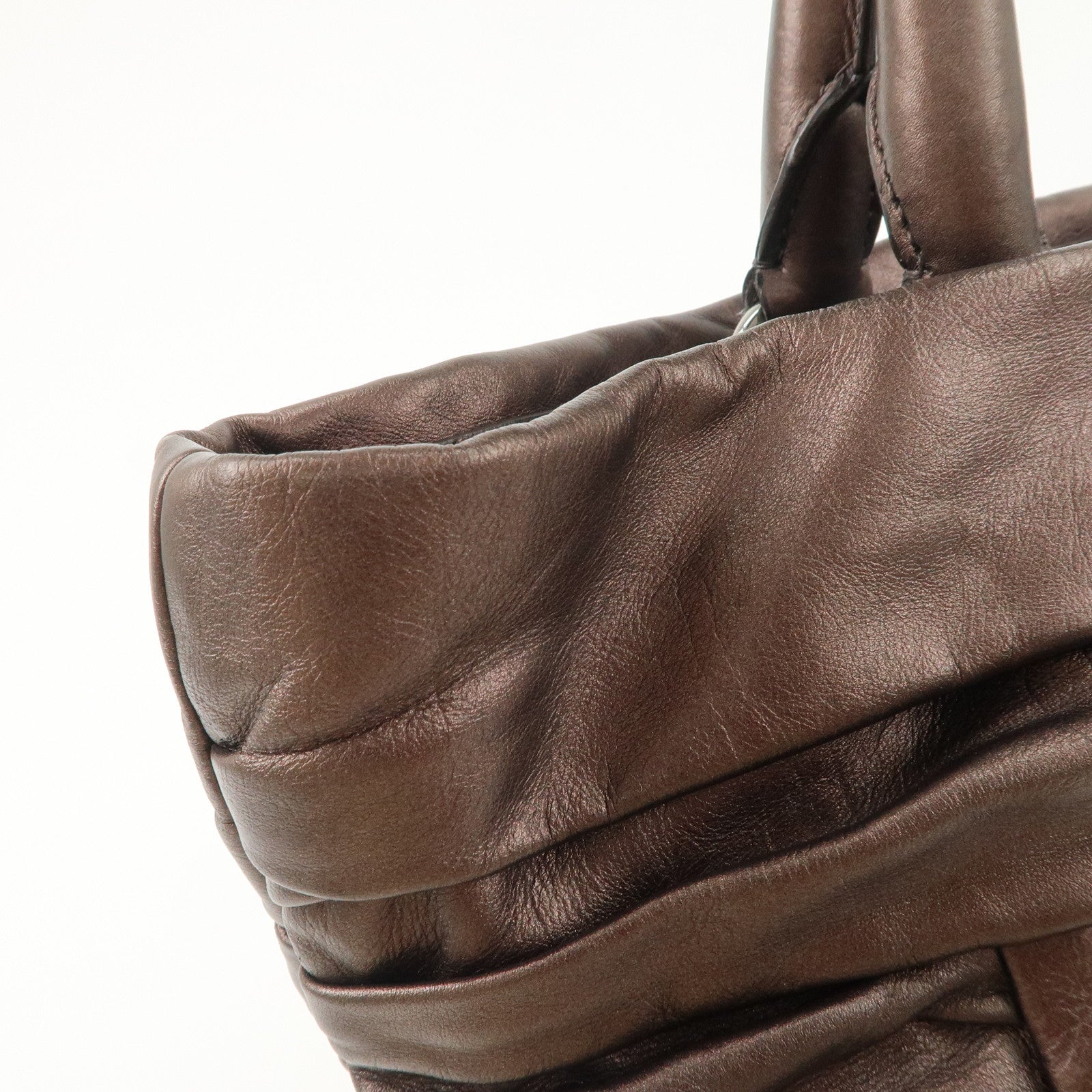 Prada Gathered Leather Tote Bag Hand Bag Bronze Silver HDW BN1719 Used