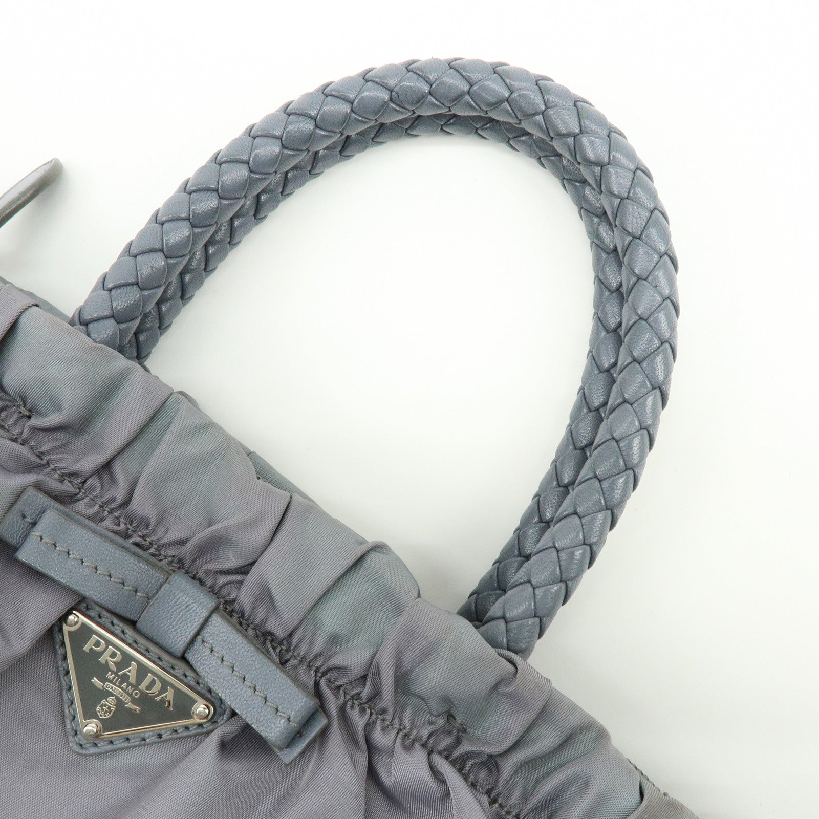 PRADA Nylon Leather 2Way Gathered Ribbon Hand Shoulder Bag Gray