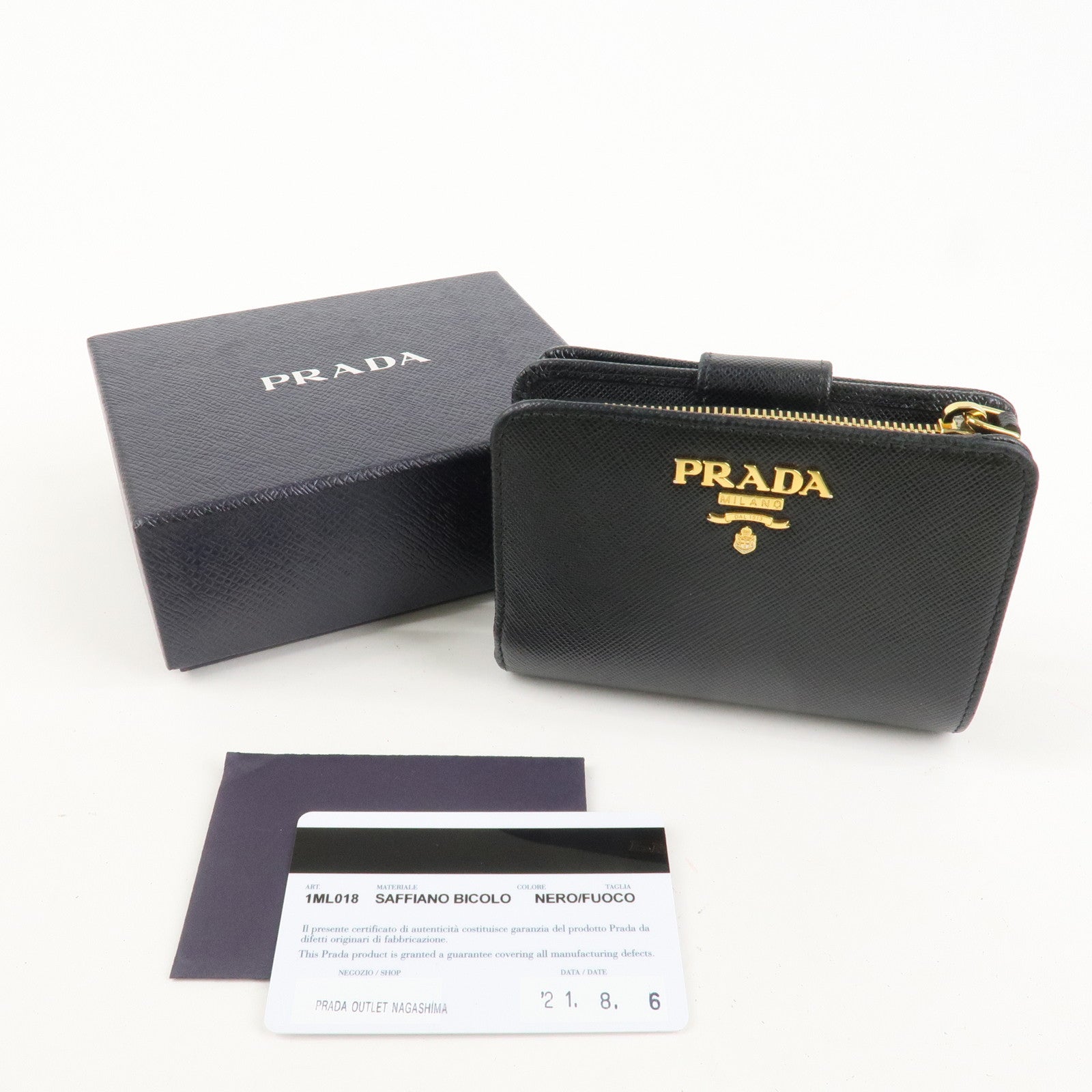PRADA Saffiano Leather Bi-Fold Wallet Black Red Gold 1ML018 Used