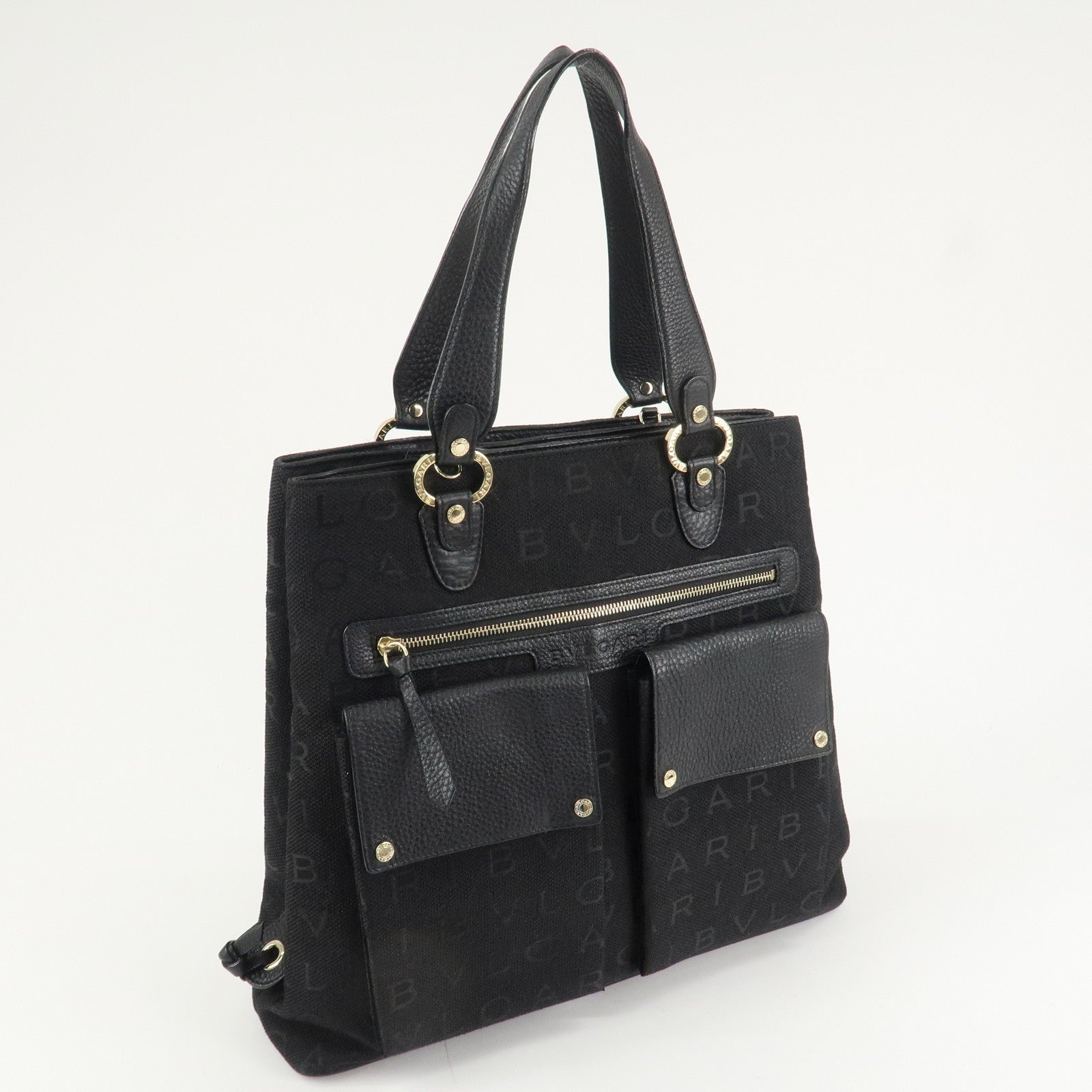 BVLGARI Logo Mania Canvas Leather Tote Bag Black Gold Hardware Used