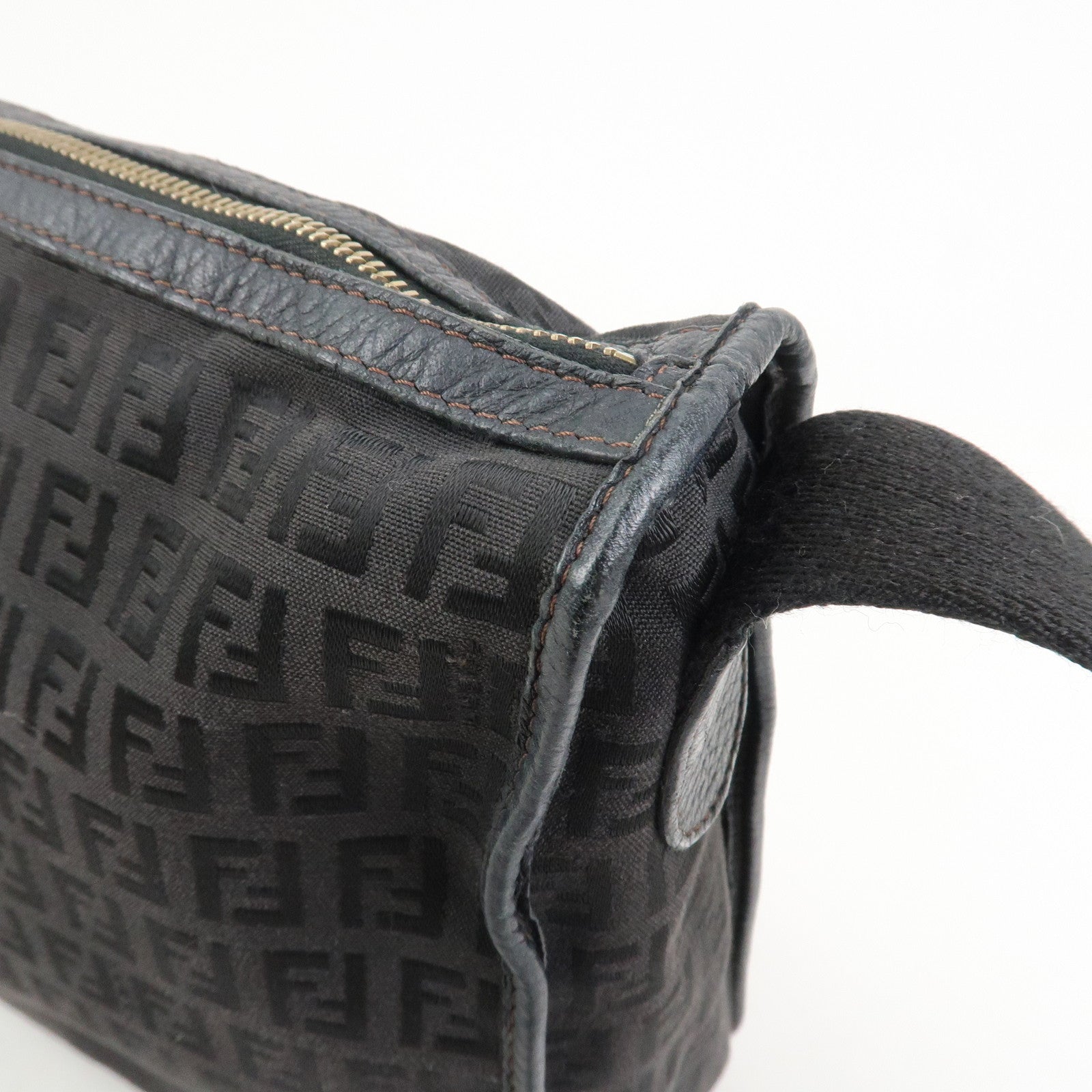 FENDI Zucchino Canvas Leather Shoulder Crossbody Bag Black 8BT090