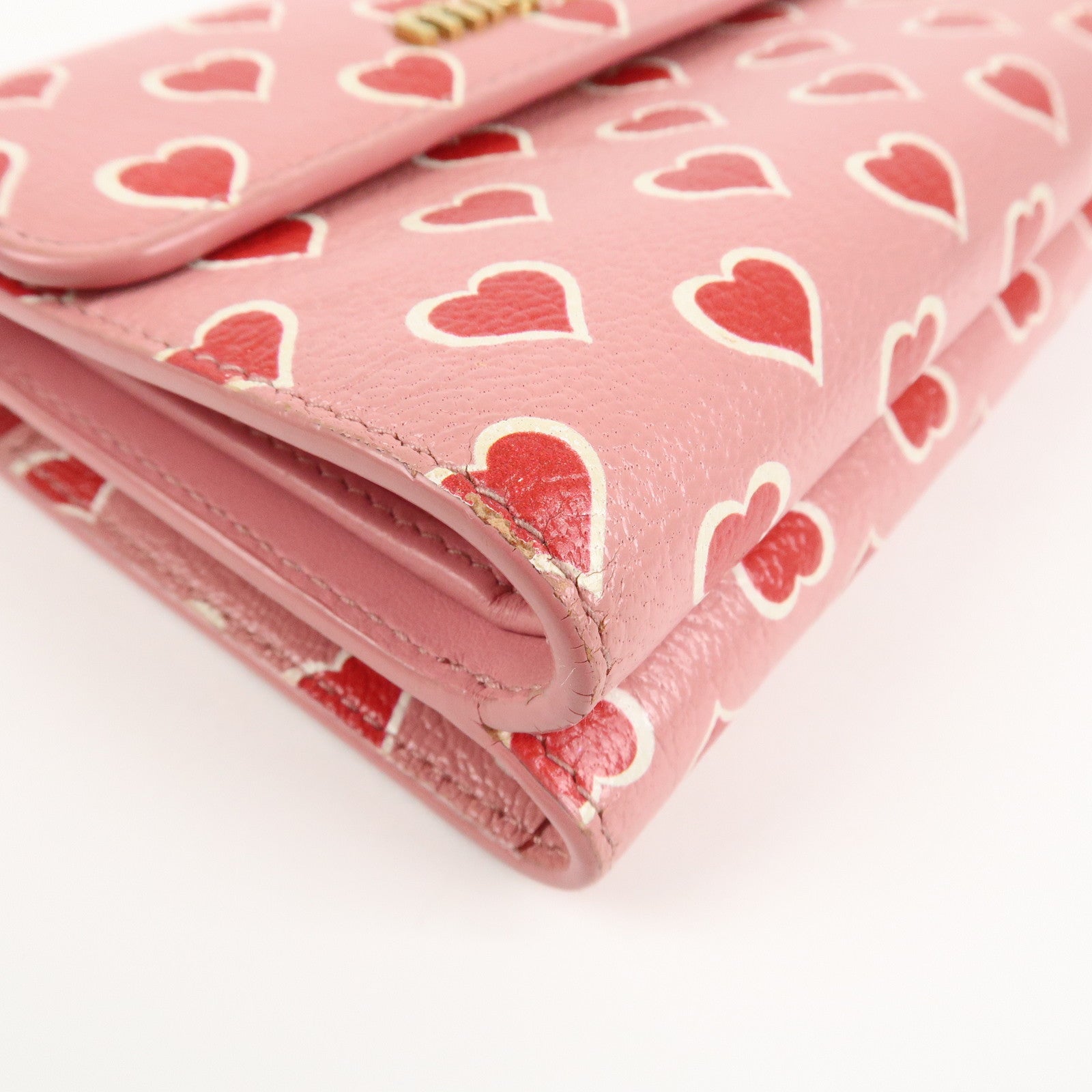 MIU MIU Leather Heart Bi-fold Wallet Pink Red 5ML014 Used