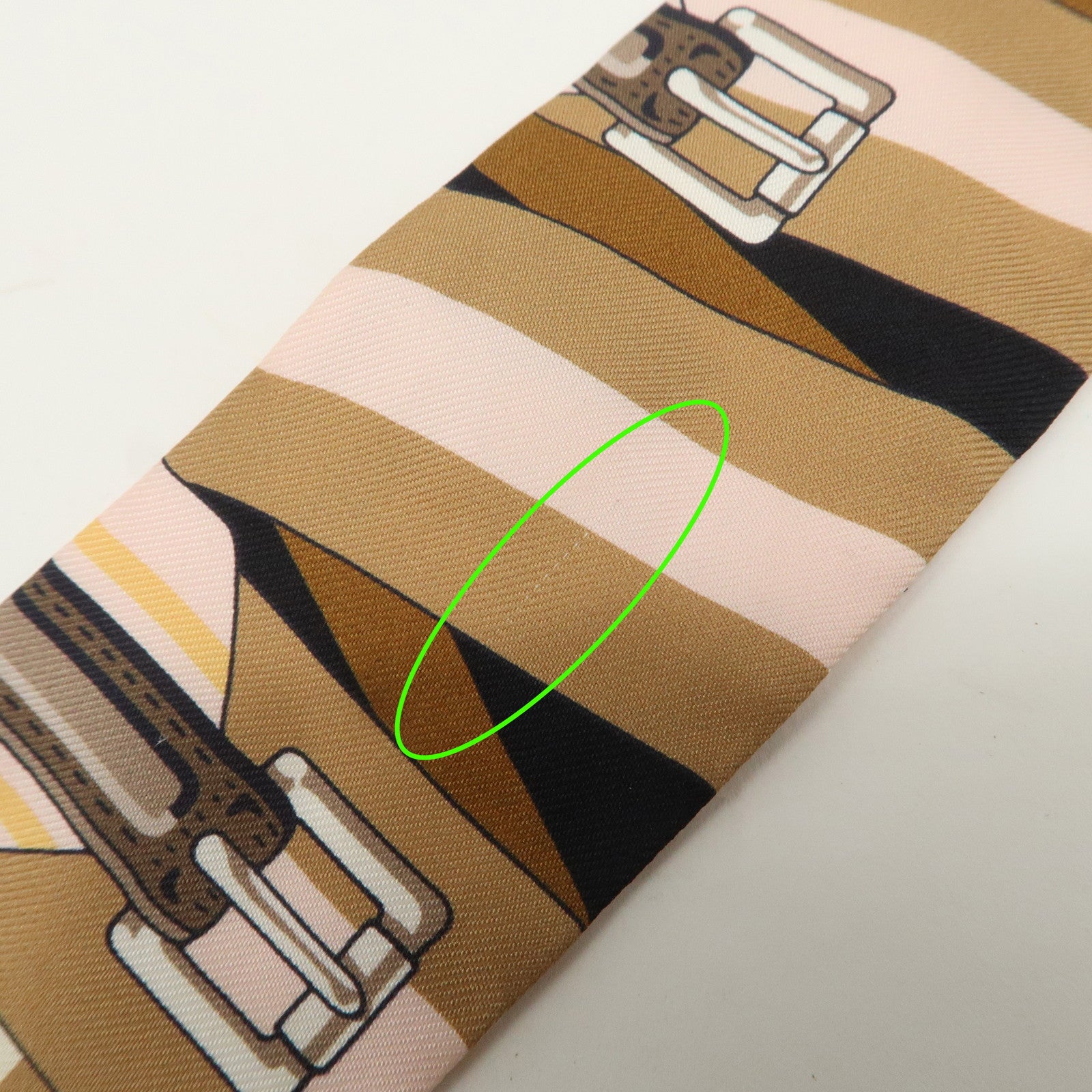 HERMES Twilly Silk 100% Scarf LES SANGLES Brown Black Peach