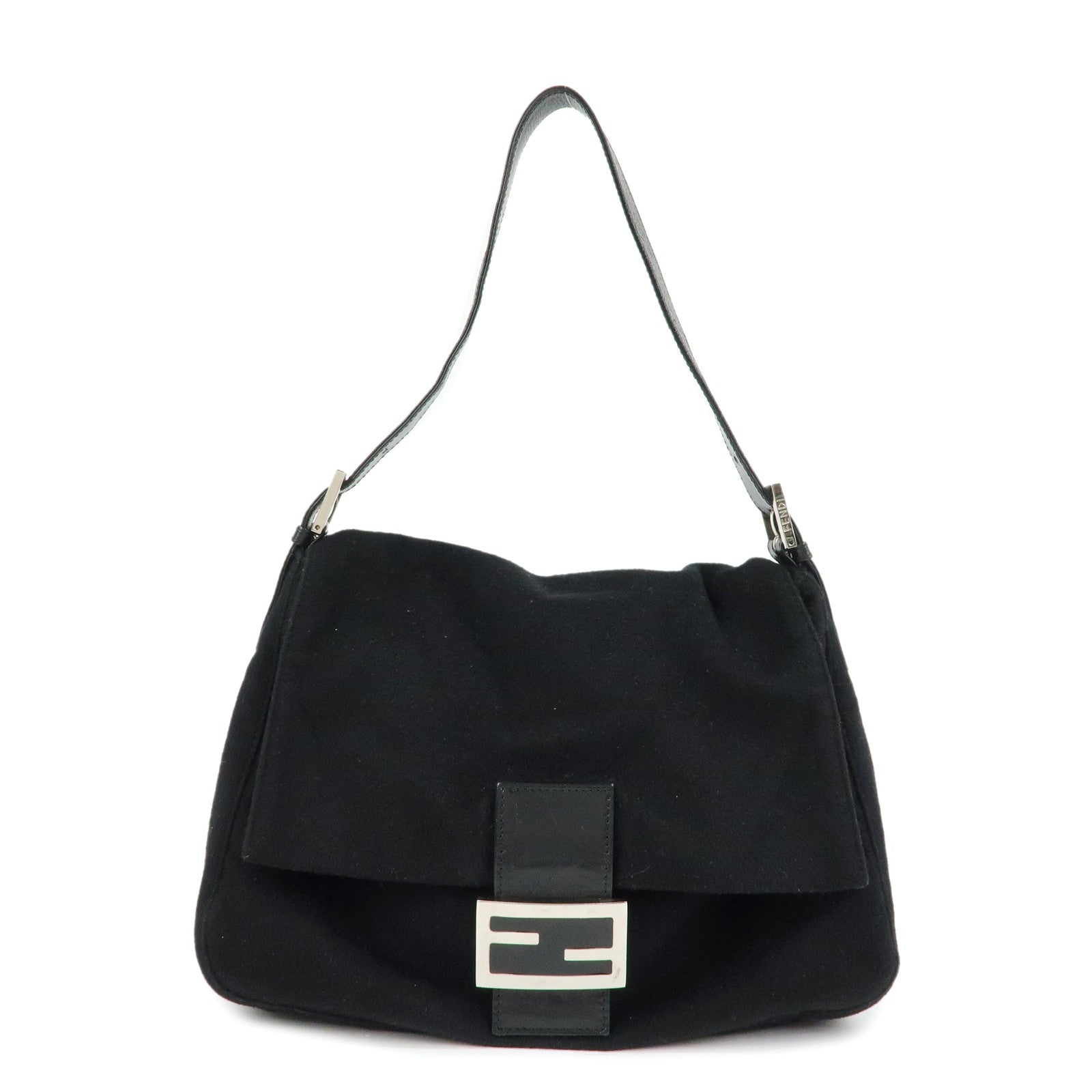 FENDI Mamma Baguette Wool Leather Shoulder Bag Hand Bag Black 26325