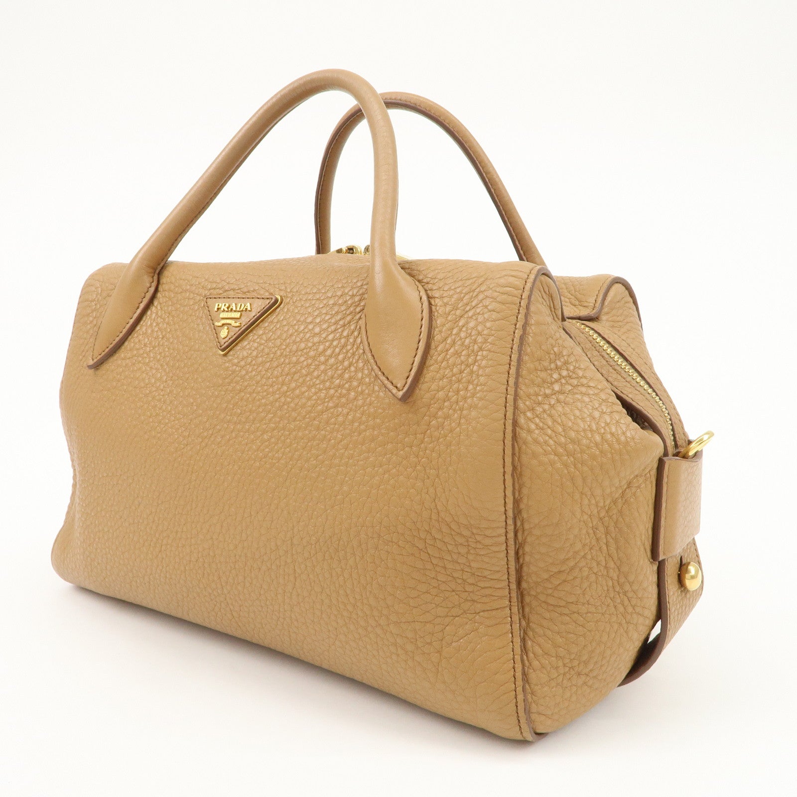 PRADA Triangle Logo Leather 2Way Bag Boston Bag Hand Bag Brown 1BB031 Used