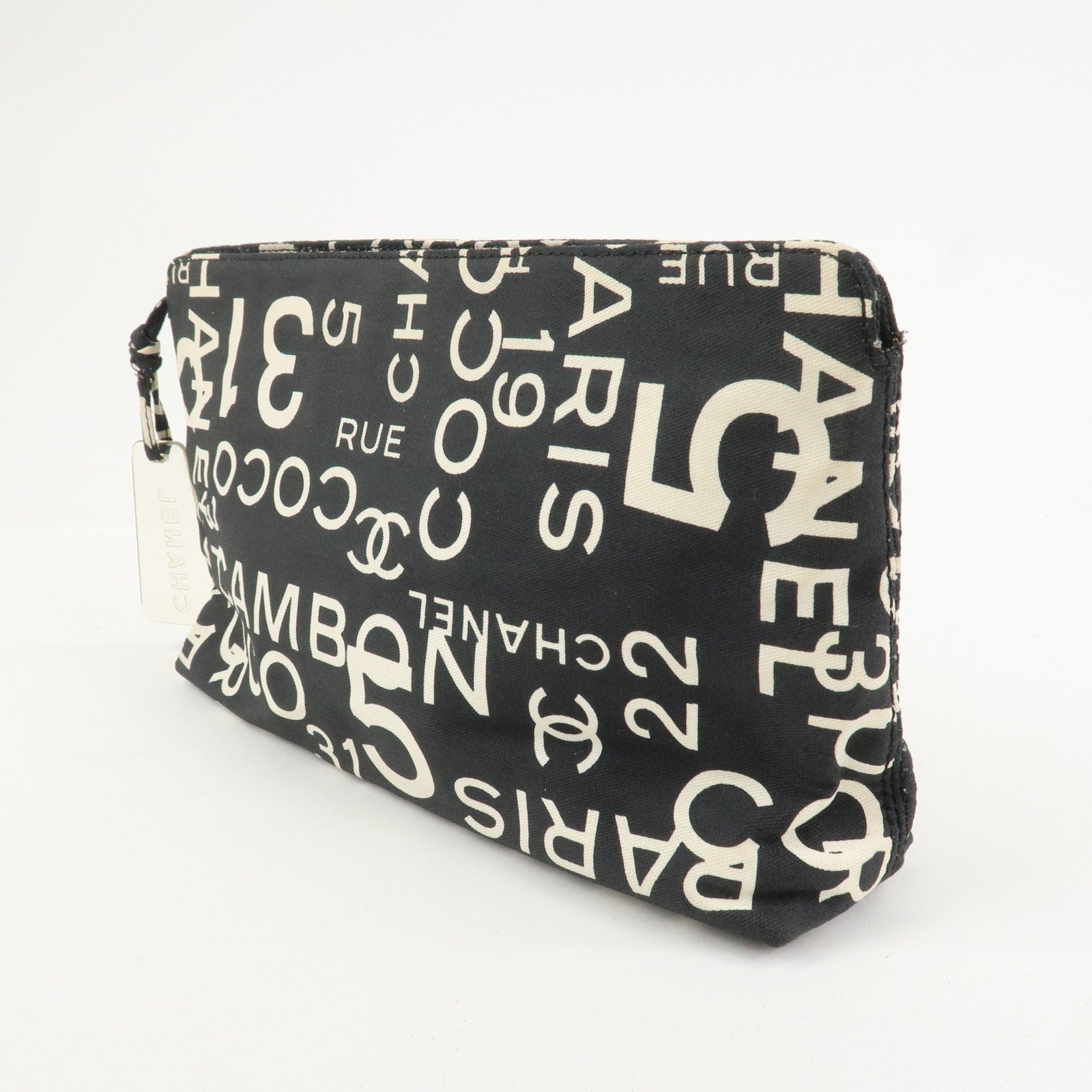 CHANEL By Sea Line Canvas Clutch Bag Cosmetic Pouch Black White