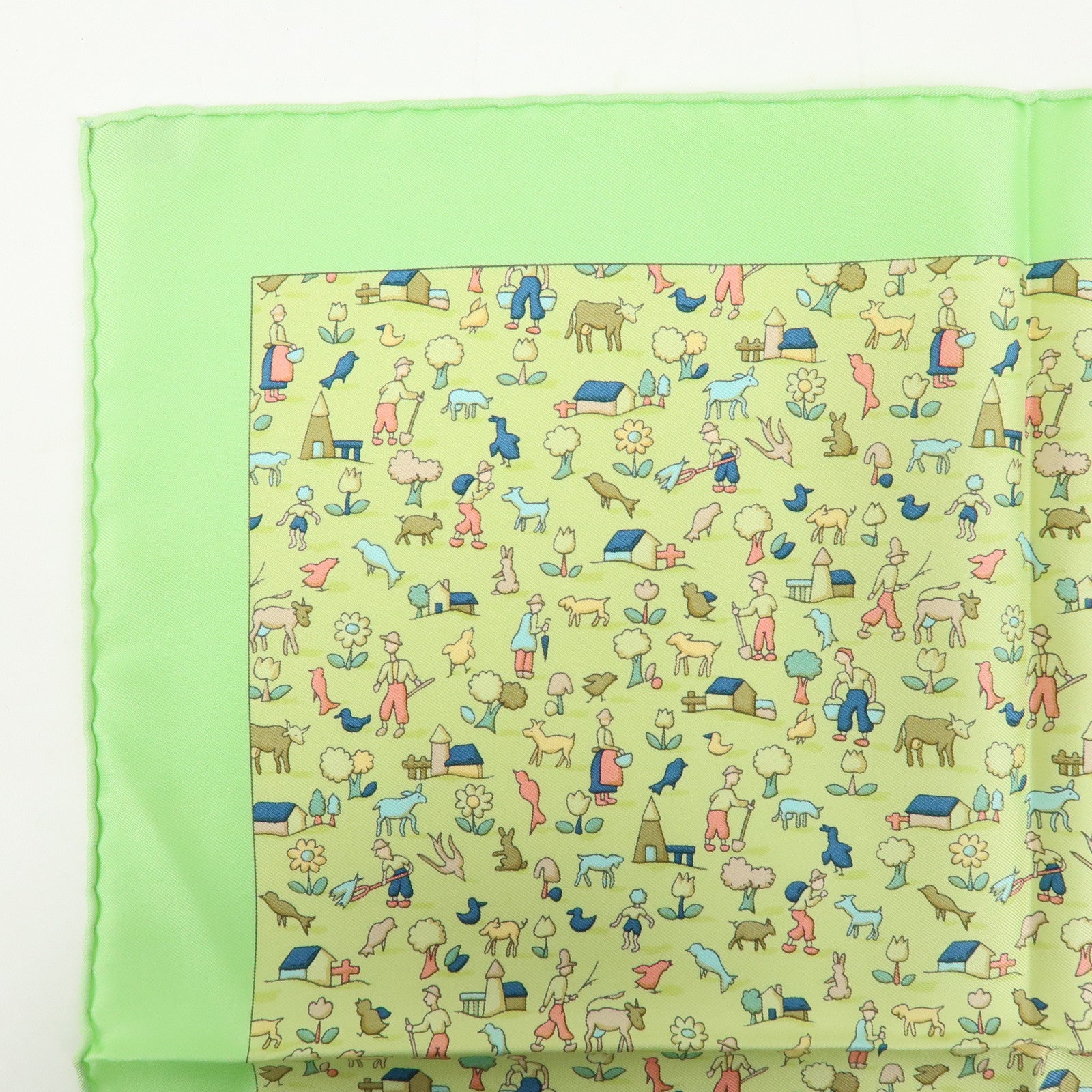 HERMES Petit Carre 40 Silk 100% Mini Scarf Farm Motif Green Yellow