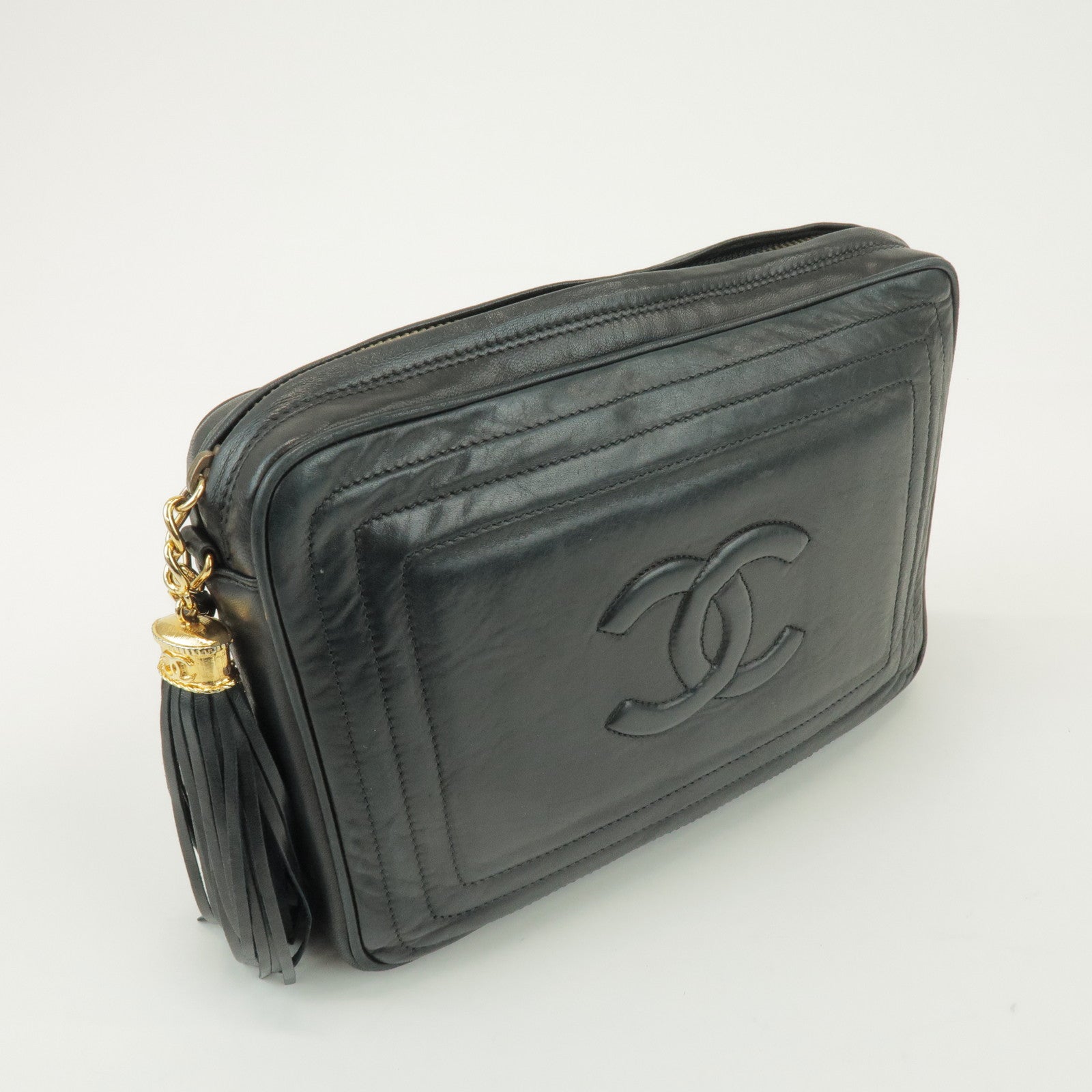 CHANEL COCO Mark Lamb Skin Chain Shoulder Bag Tassel Charm Black