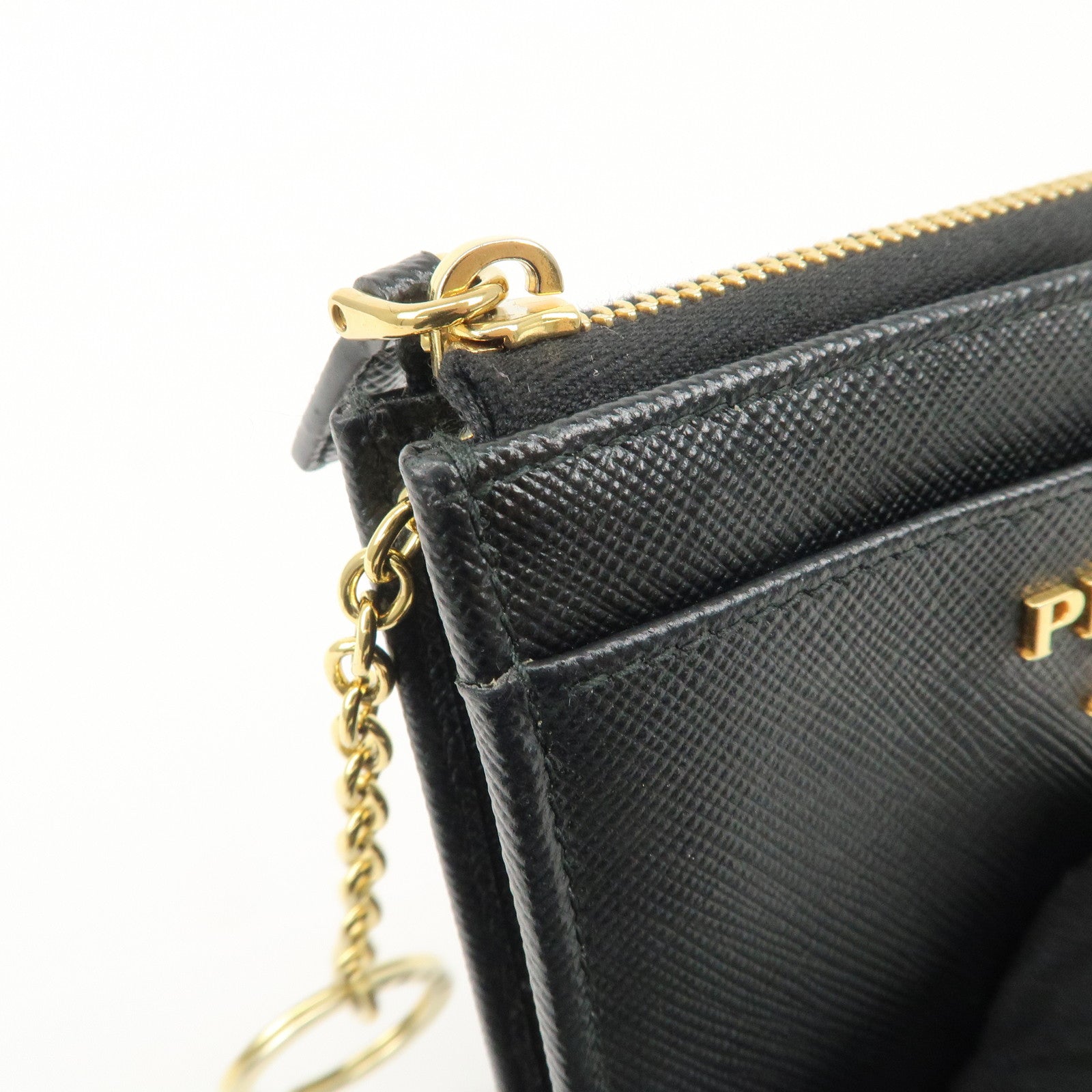 PRADA Triangle Logo Saffiano Leather Mini Wallet Key Ring Black 1PP122 Used