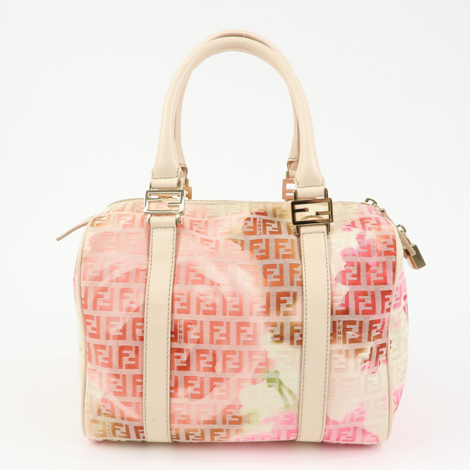 FENDI Zucchino Canvas Leather Mini Boston Bag Hand Bag Pink Ivory