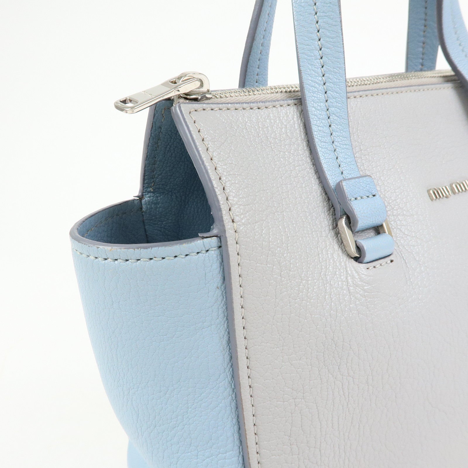 MIU MIU Madras Leather 2Way Bag Hand Bag Gray Light Blue 5BB006