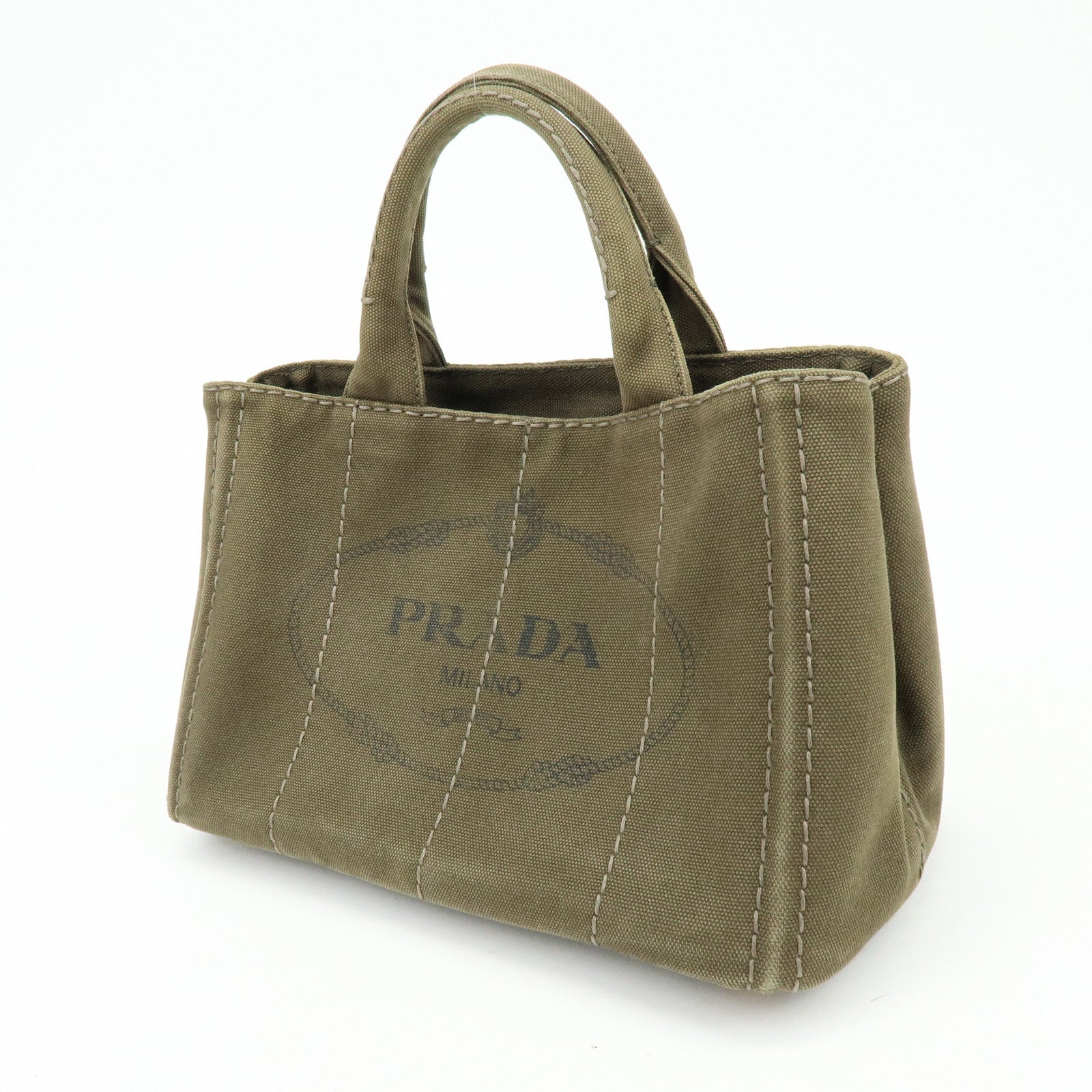 PRADA Canapa Mini Triangle Logo Canvas Tote Hand Bag Khaki BN2439