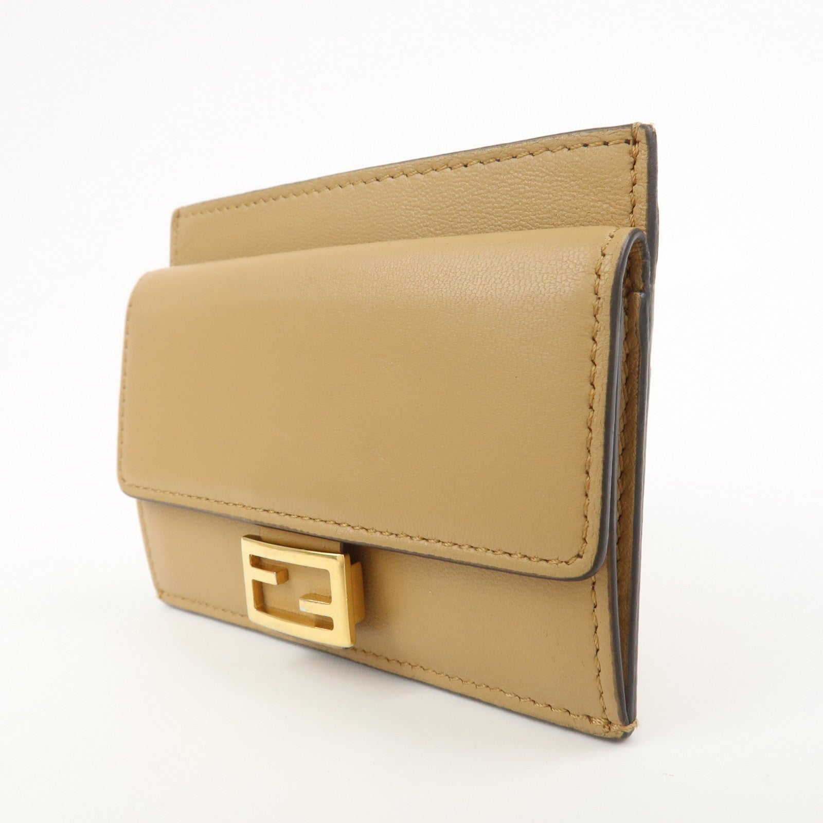 FENDI Zucca Baguette Leather Card Case Light Brown