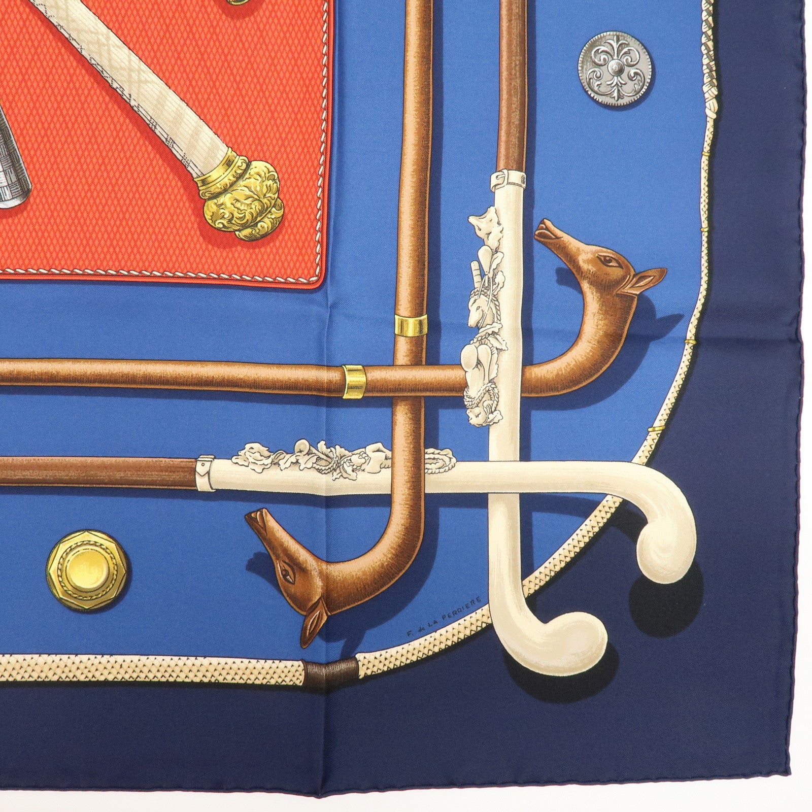 HERMES Carre 90 Silk 100% Scarf CANNES ET POMMEAUX Navy Brown