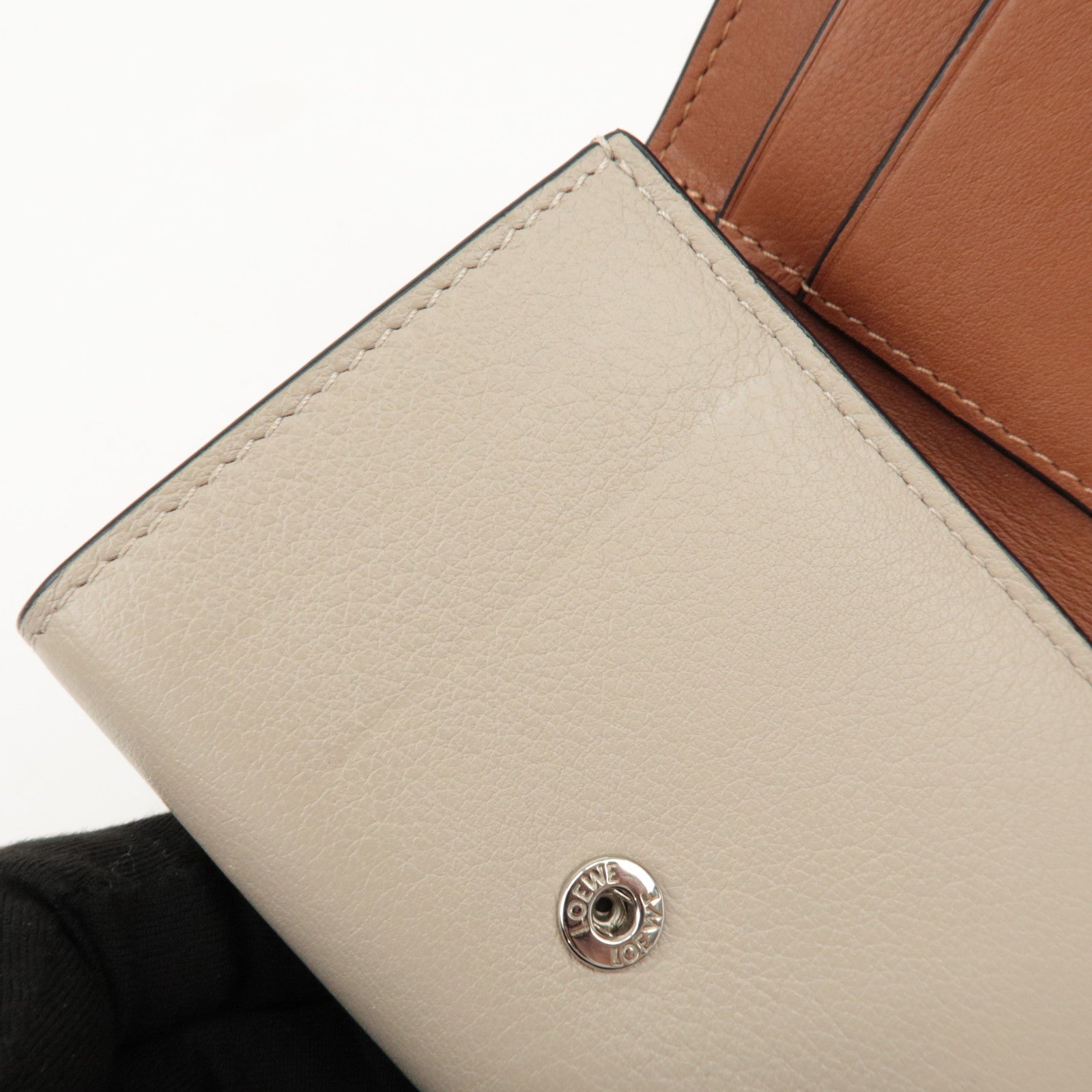 LOEWE Anagram Leather Tri-fold Compact Wallet Beige C500TR2X01 Used