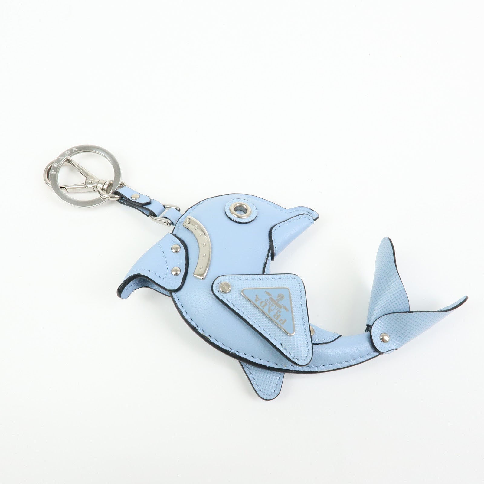 PRADA Triangle Logo Dolphin Motif Leather Key Charm Light Blue
