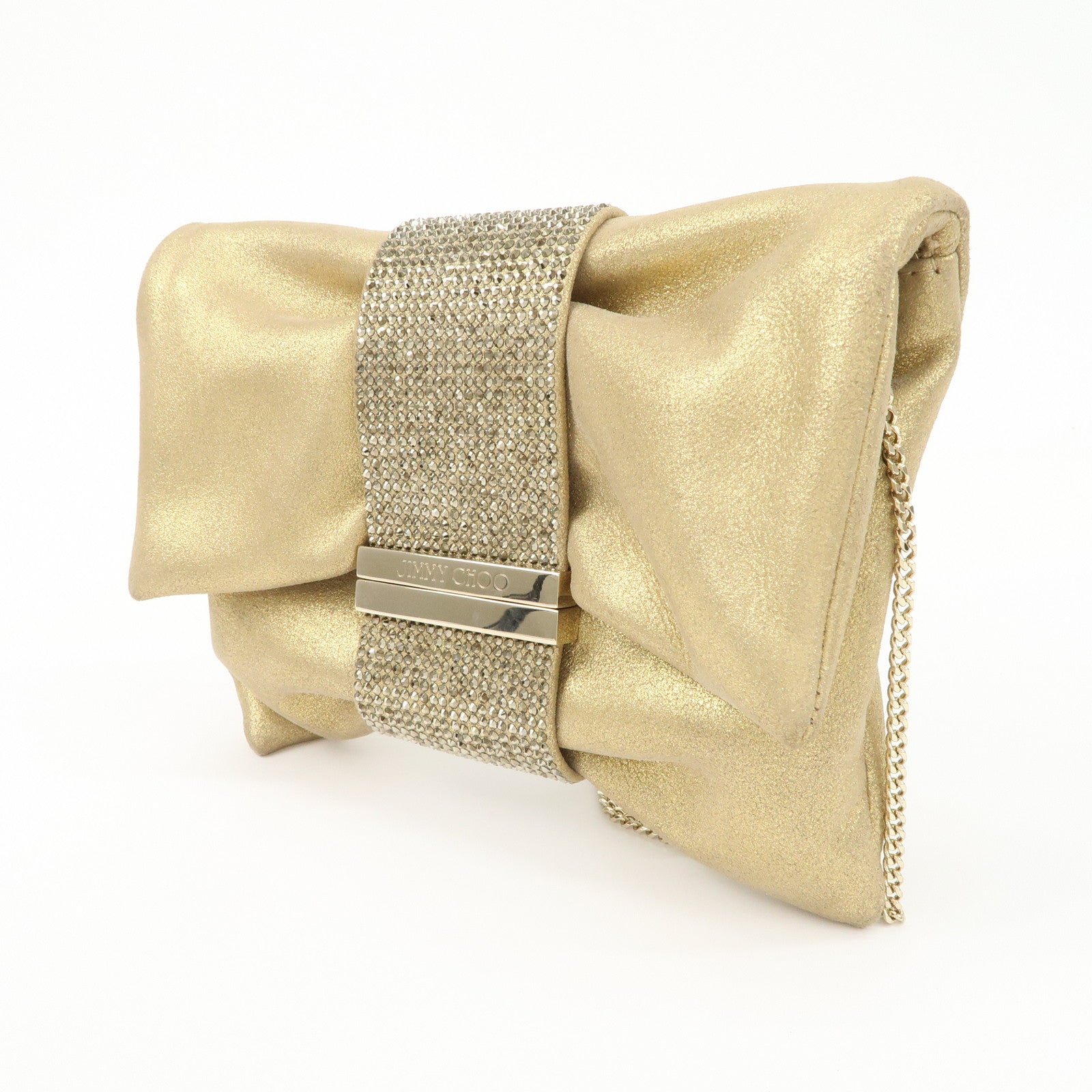 JIMMY CHOO Leather Mini Chain Shoulder Bag Rhine Stone Gold