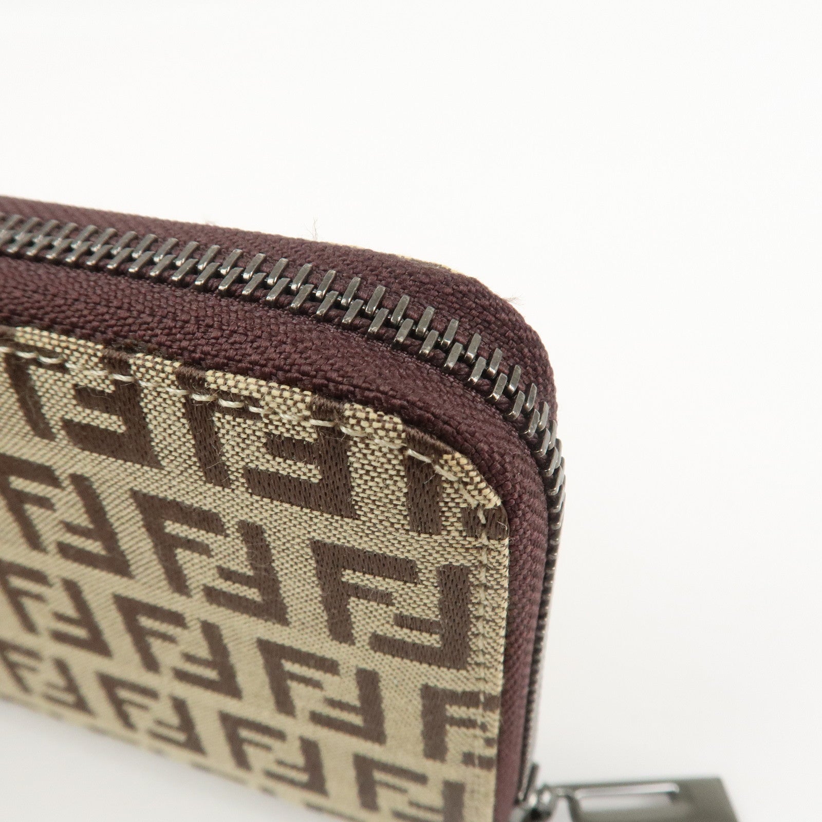 FENDI Zucchino Canvas Leather Round Zippy Long Wallet Brown 8M0024