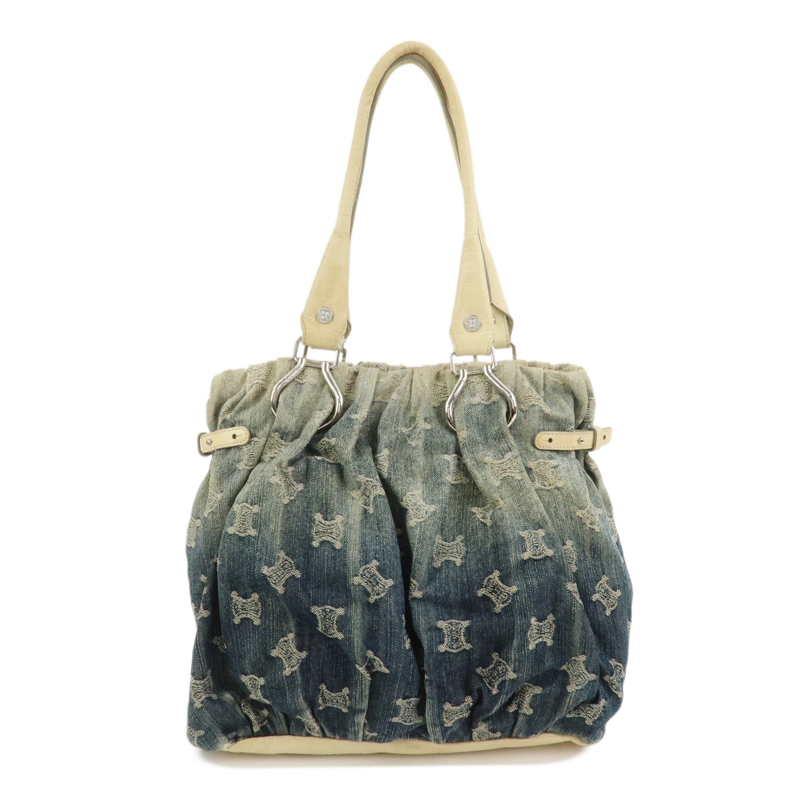 CELINE Macadam Denim Emboss Leather Tote Bag Hand Bag Blue Ivory