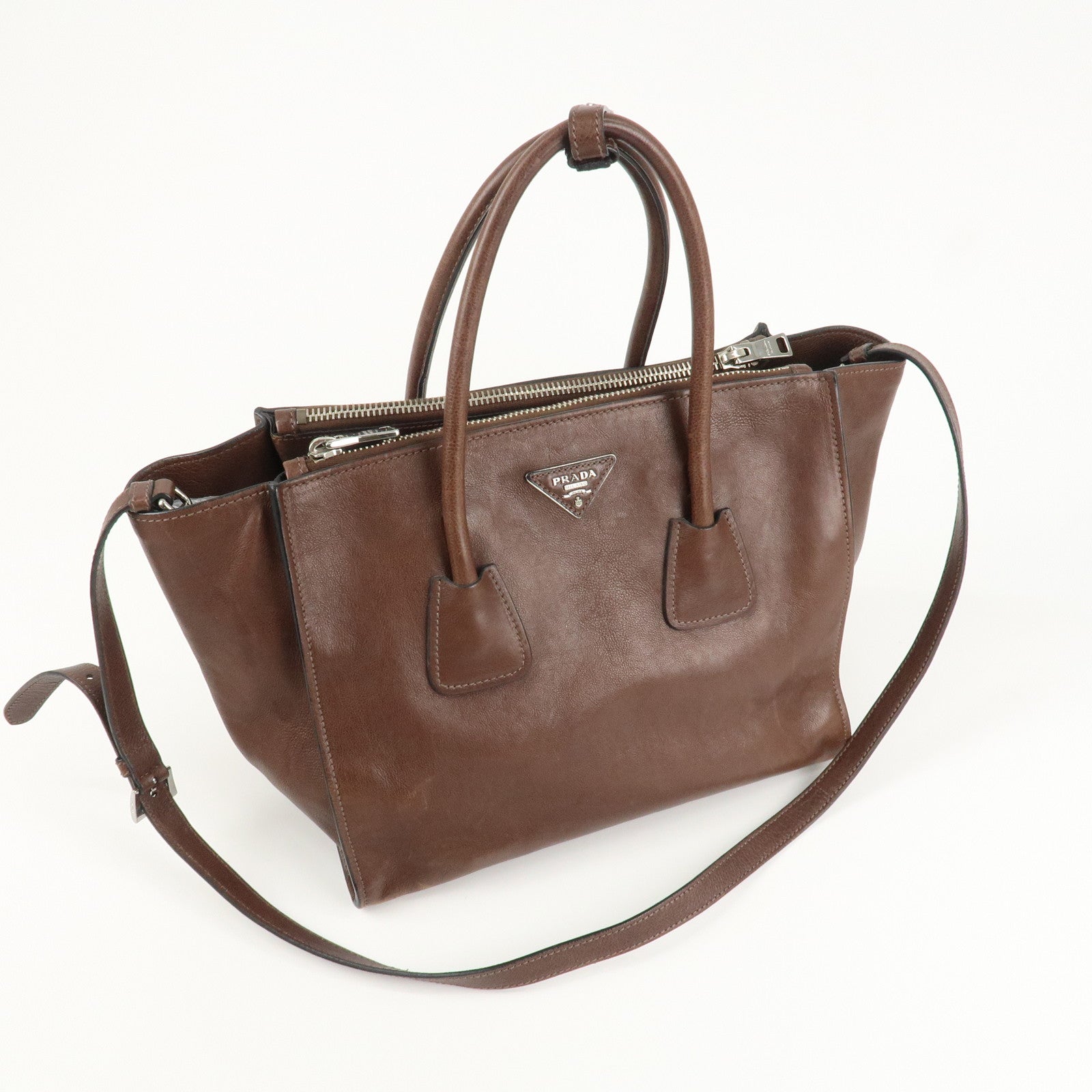 PRADA Triangle Logo Leather 2way Hand Bag Shoulder Bag Brown BN2619 Used