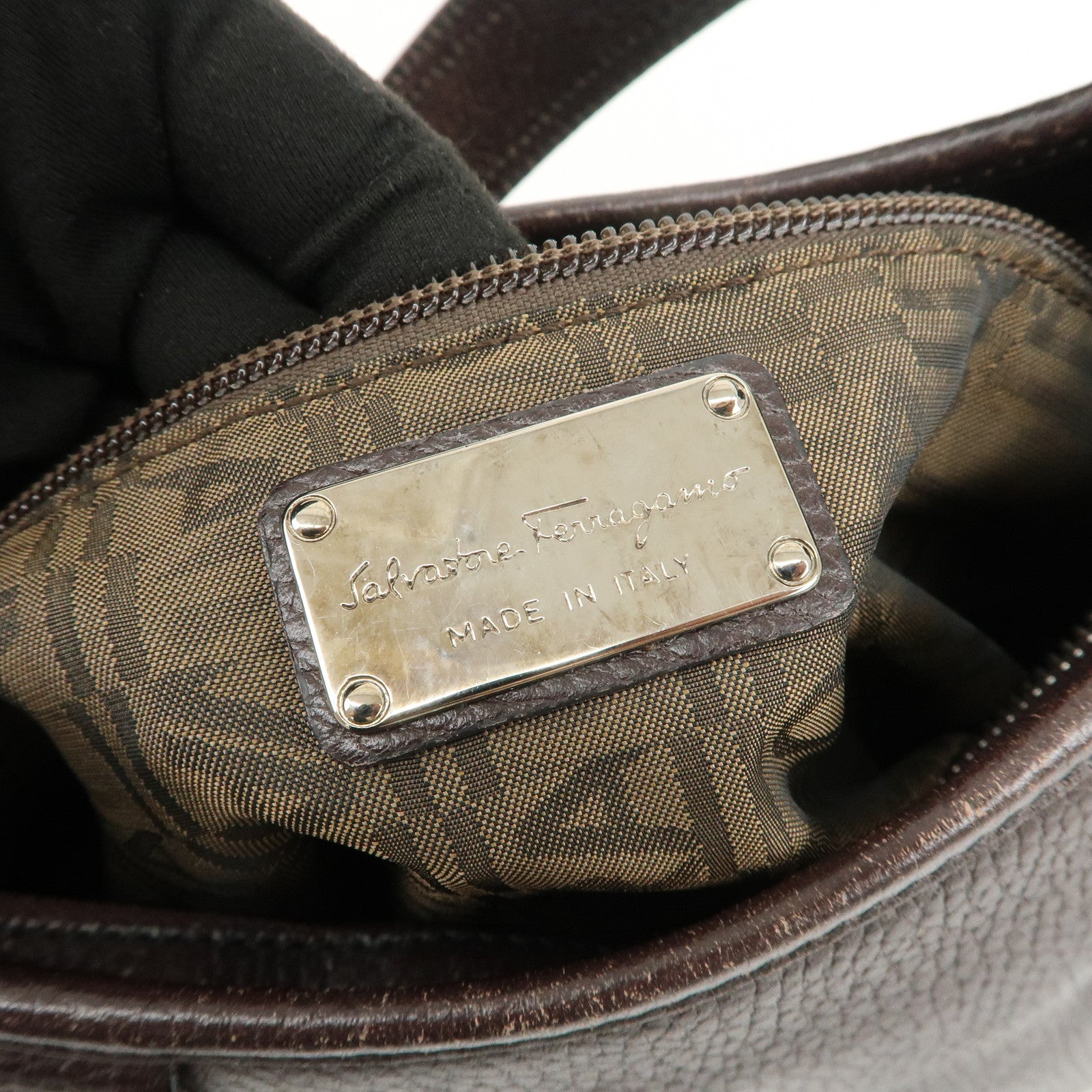 Ferragamo Gancini Leather Shoulder Bag Dark Brown Silver
