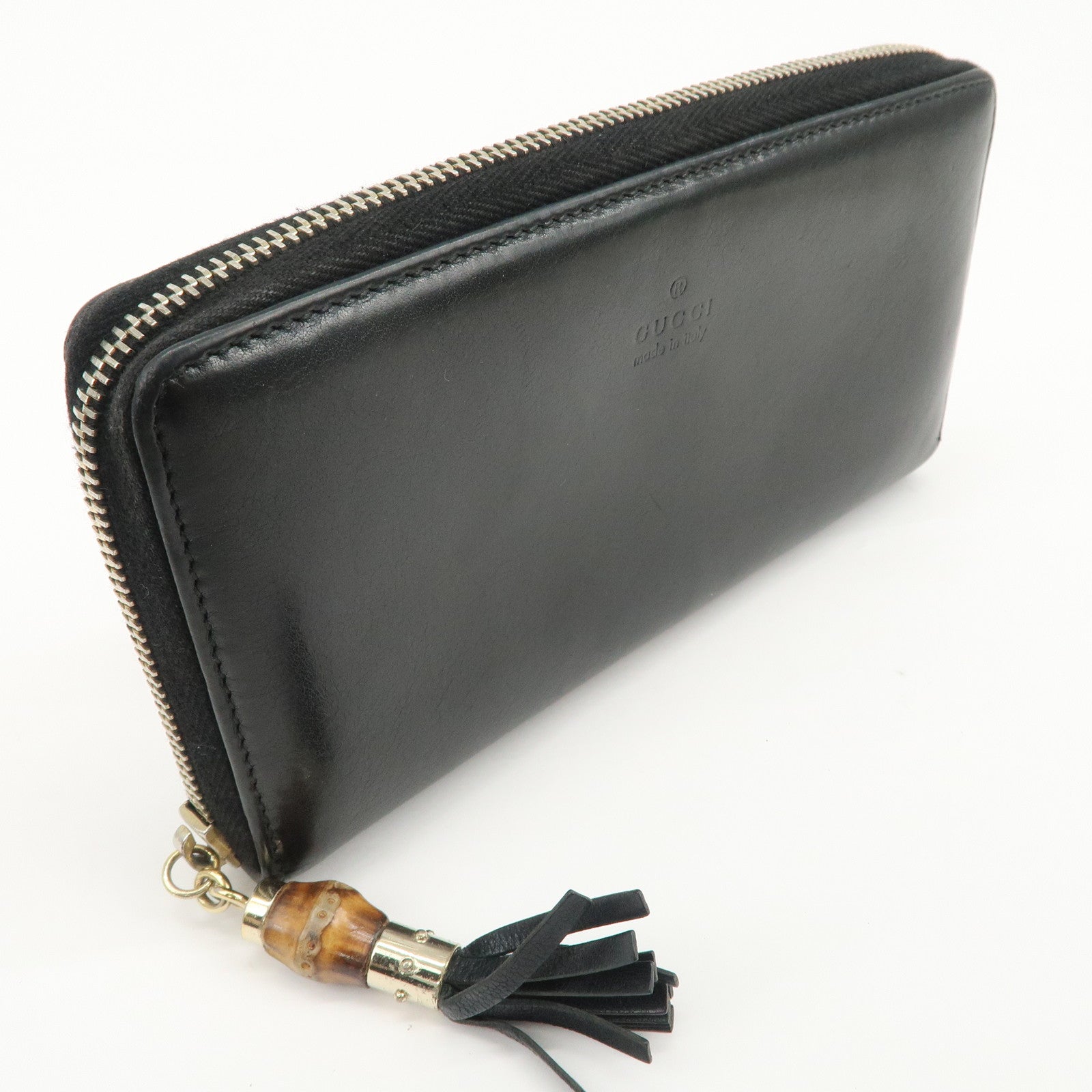 GUCCI Bamboo Logo Leather Round Zippy Wallet Black 224253