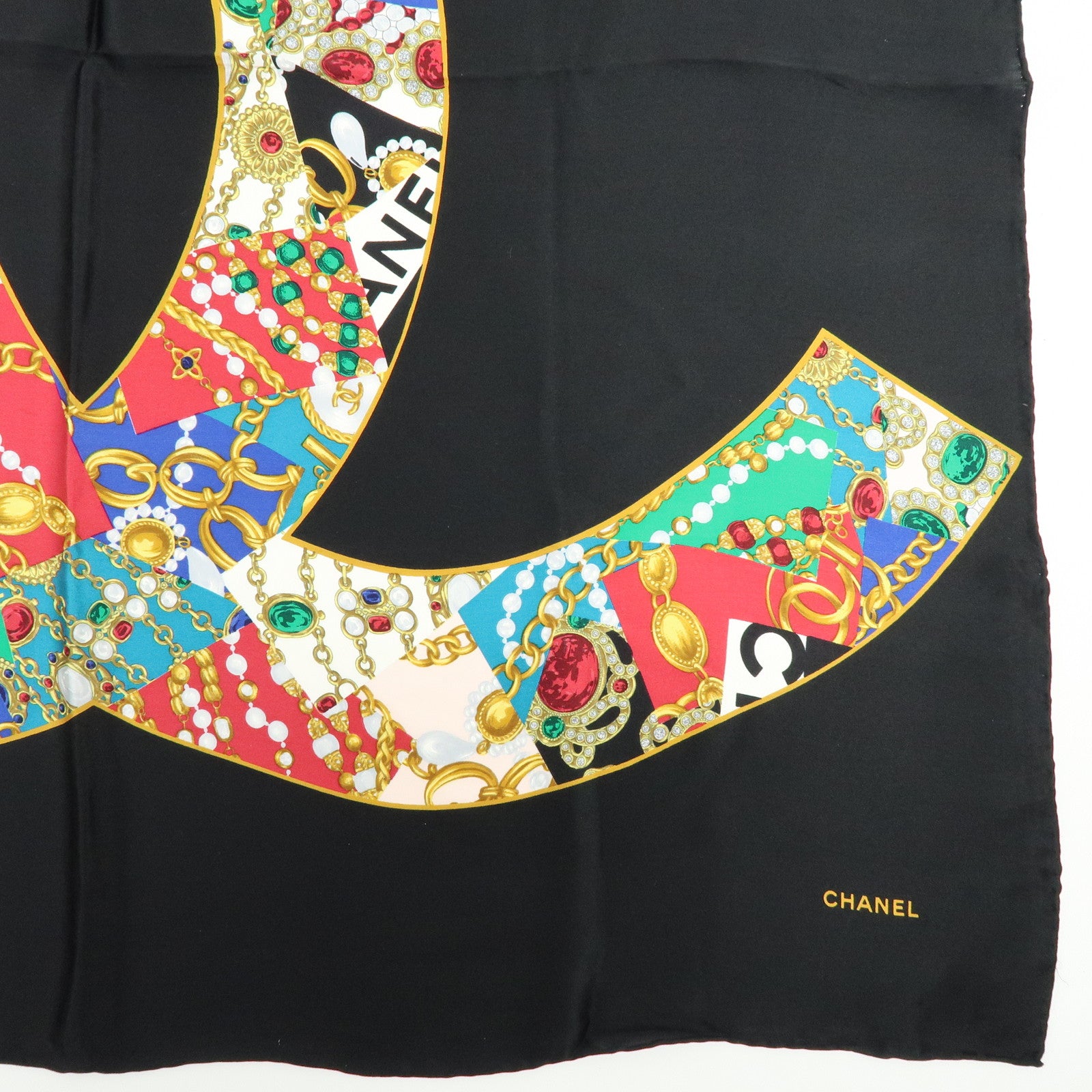 CHANEL COCO Mark Jewelry Motif Silk 100% Scarf Black Multicolor