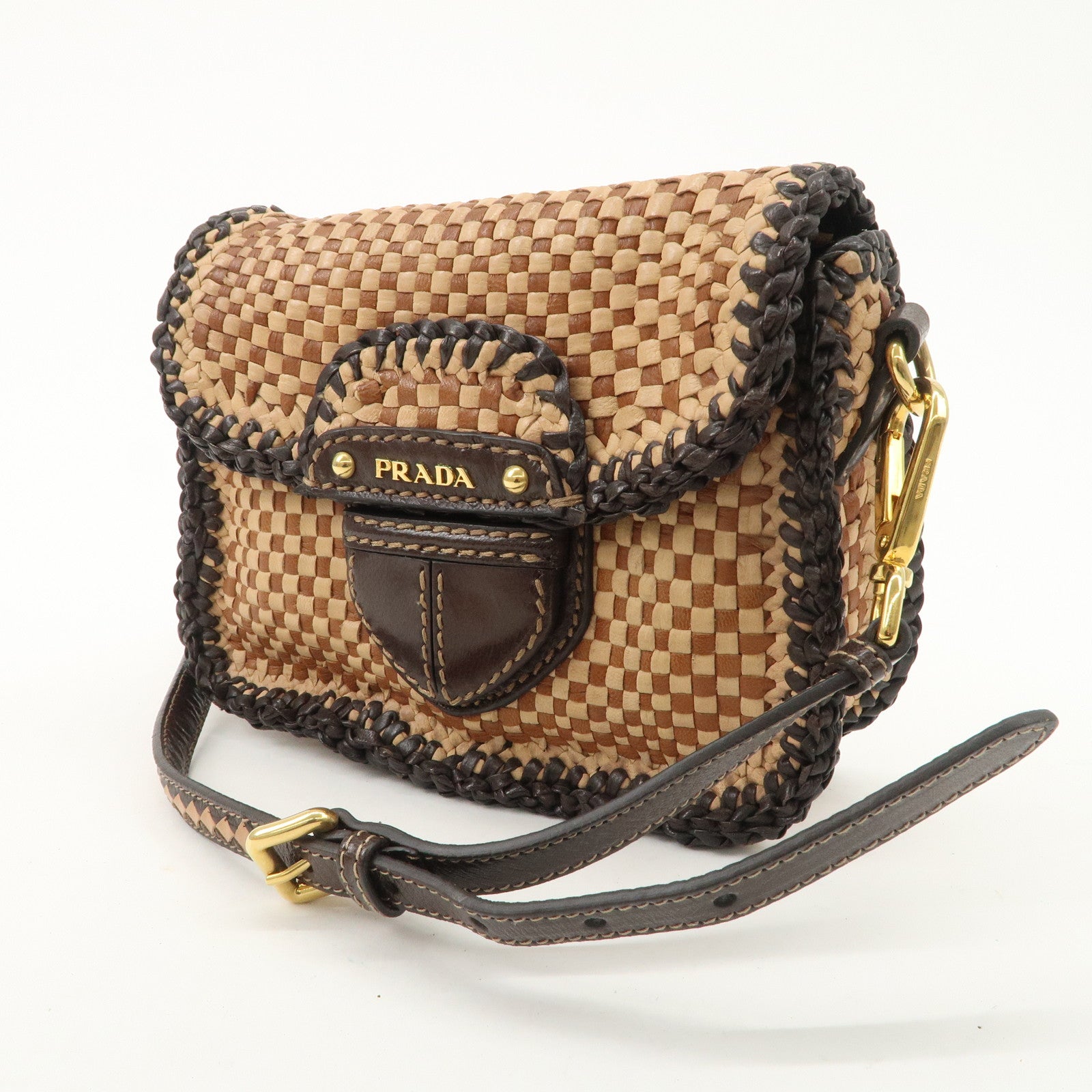 PRADA Madras Leather Shoulder bag Beige Brown BT781V Used