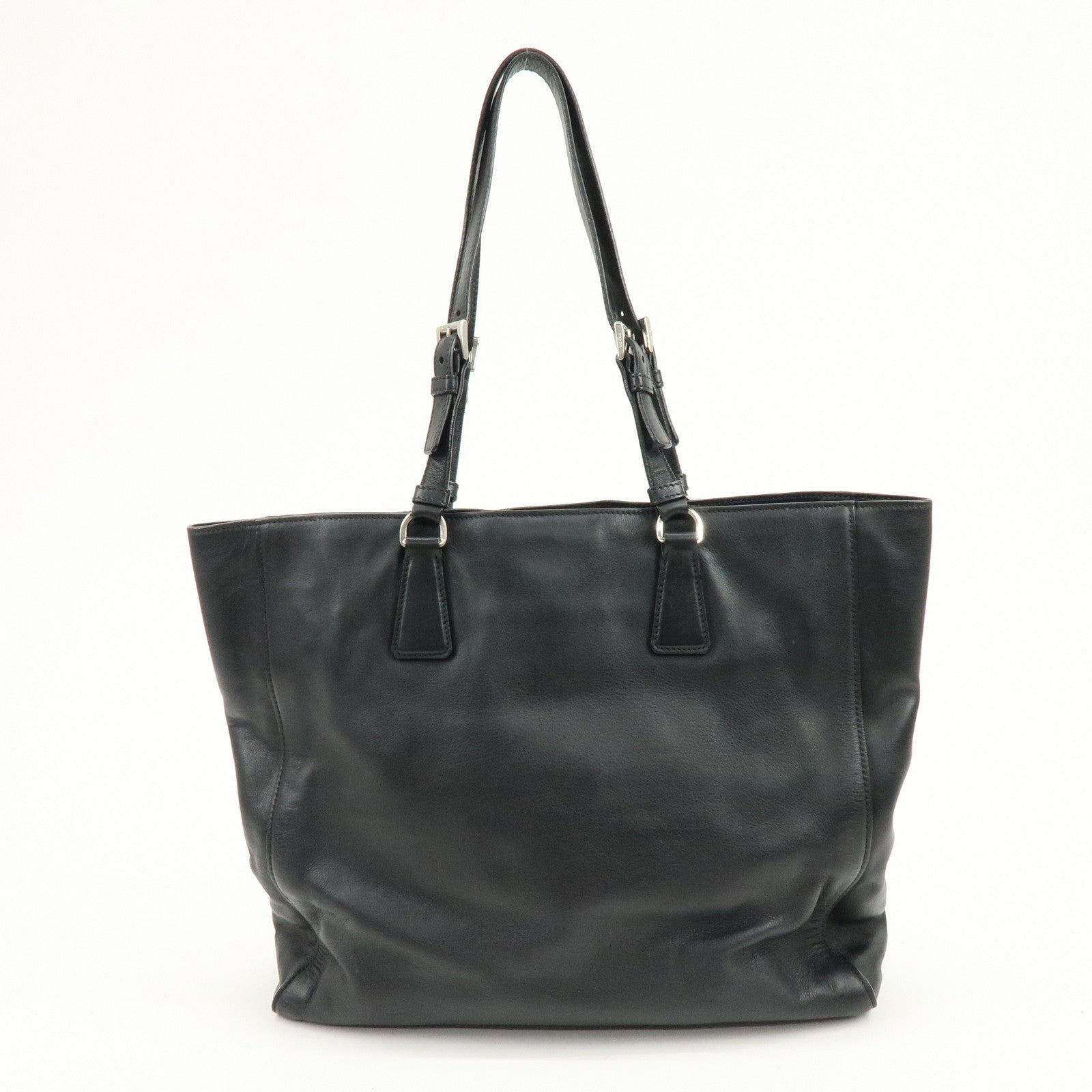 PRADA Triangle Logo Leather Tote Bag Shoulder Bag Black BR5033