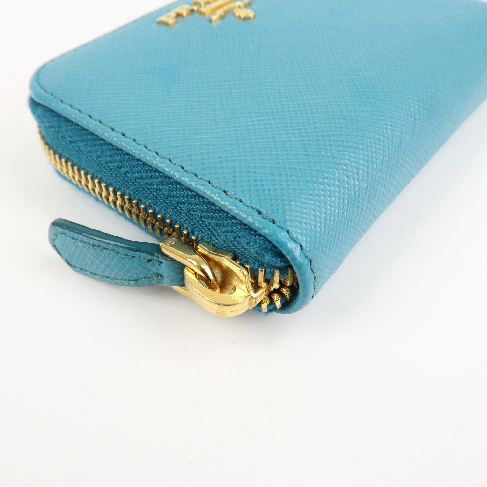 PRADA Logo Saffiano Leather Round Zippy Small Wallet Blue 1MM268 Used