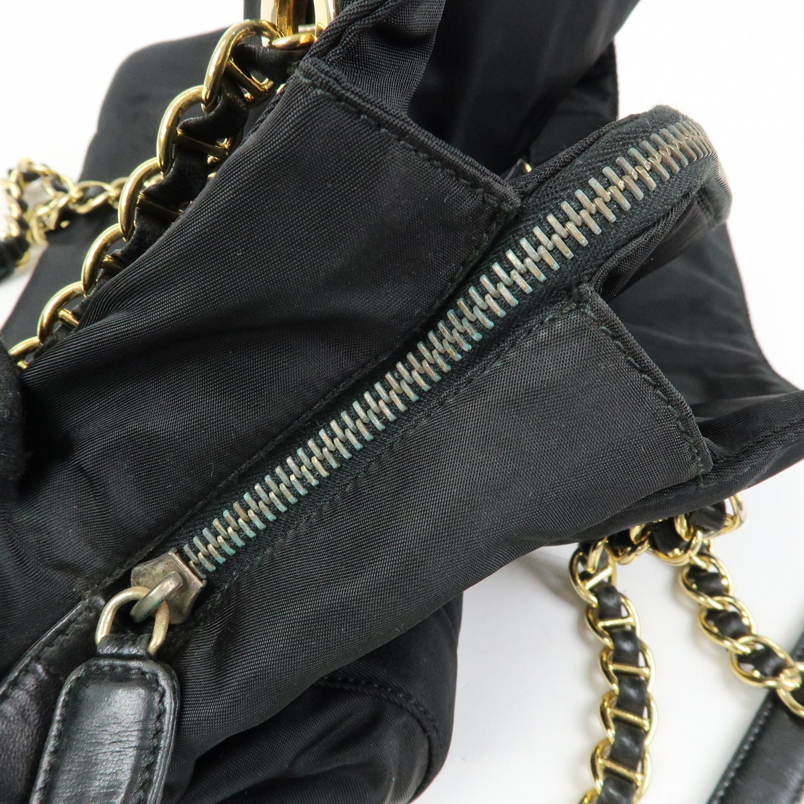 PRADA Triangle Logo Nylon Leather Chain Shoulder Bag Black B4394